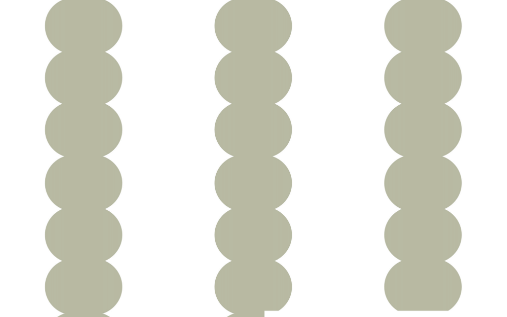 The Custom Green Scallop Stripe Wallpaper | Sample displays three vertical columns of overlapping, light gray-green circles—five per column—on a white background for a bead-like, elegant look.