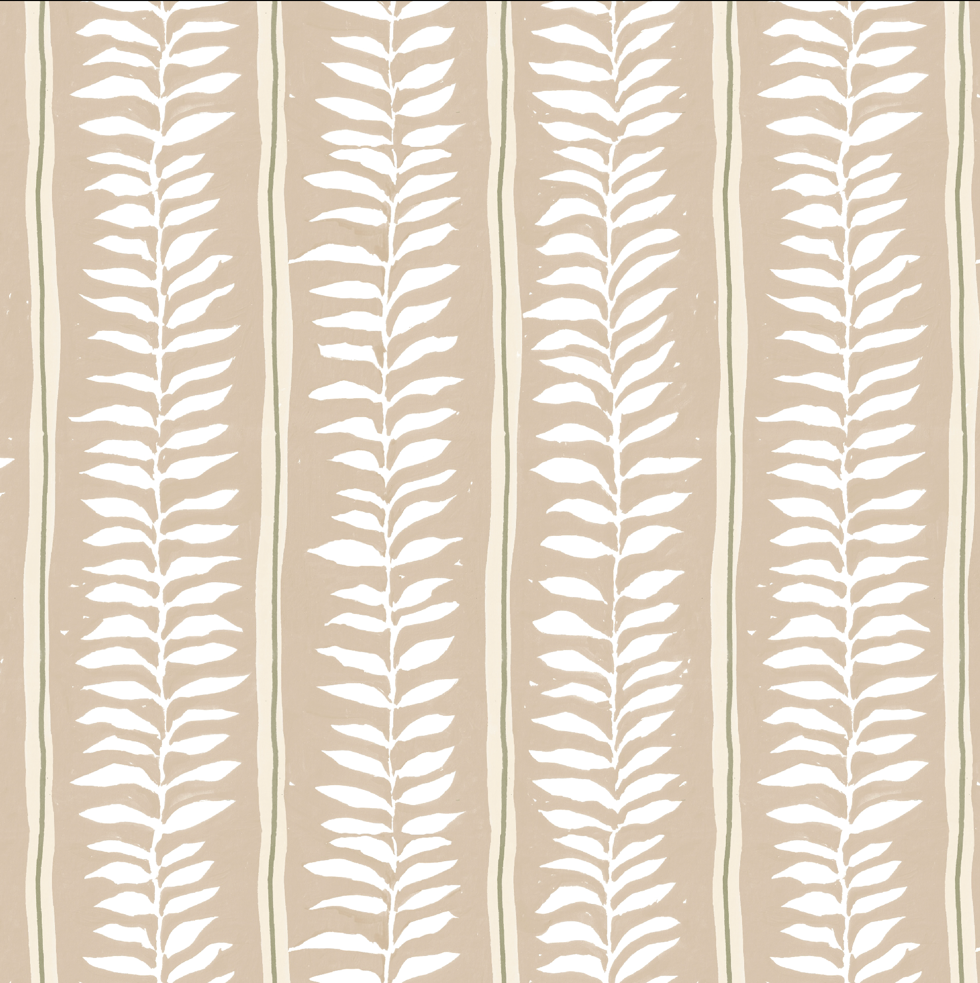Meadow Leaf Stripe Wallpaper, Clay: Features a seamless beige background with vertical white leafy motifs and thin light beige stripes, creating a simple, nature-inspired repeating pattern—perfect for botanical nursery decor.