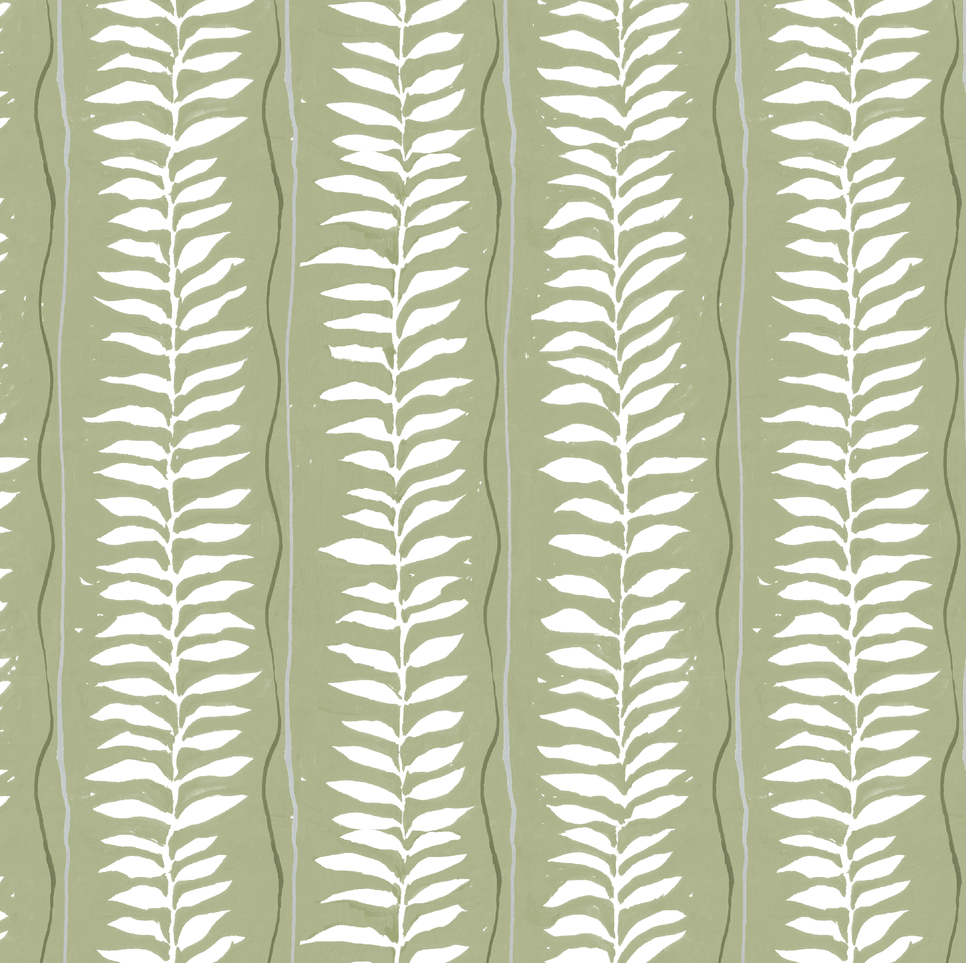 Meadow Leaf Stripe Wallpaper, Sage features a repeating vertical pattern of white leafy branches on a muted green background, offering a simple and natural botanical design to add charm to any space.