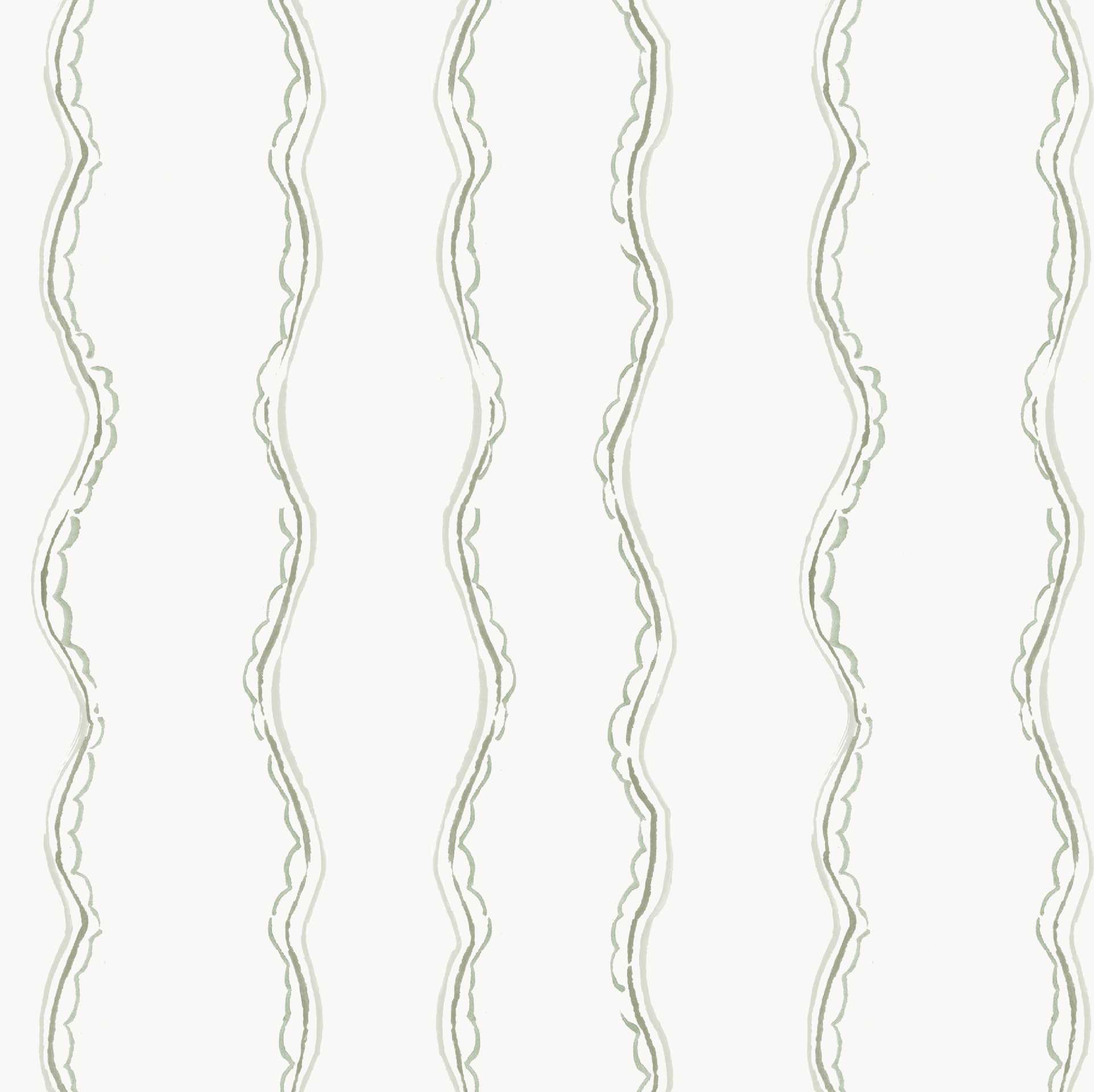 Ribbon Stripe Wallpaper, Sage features wavy vertical lines in soft green and gray on white, creating a simple, hand-drawn look—ideal for a nursery or as elegant decor for children&