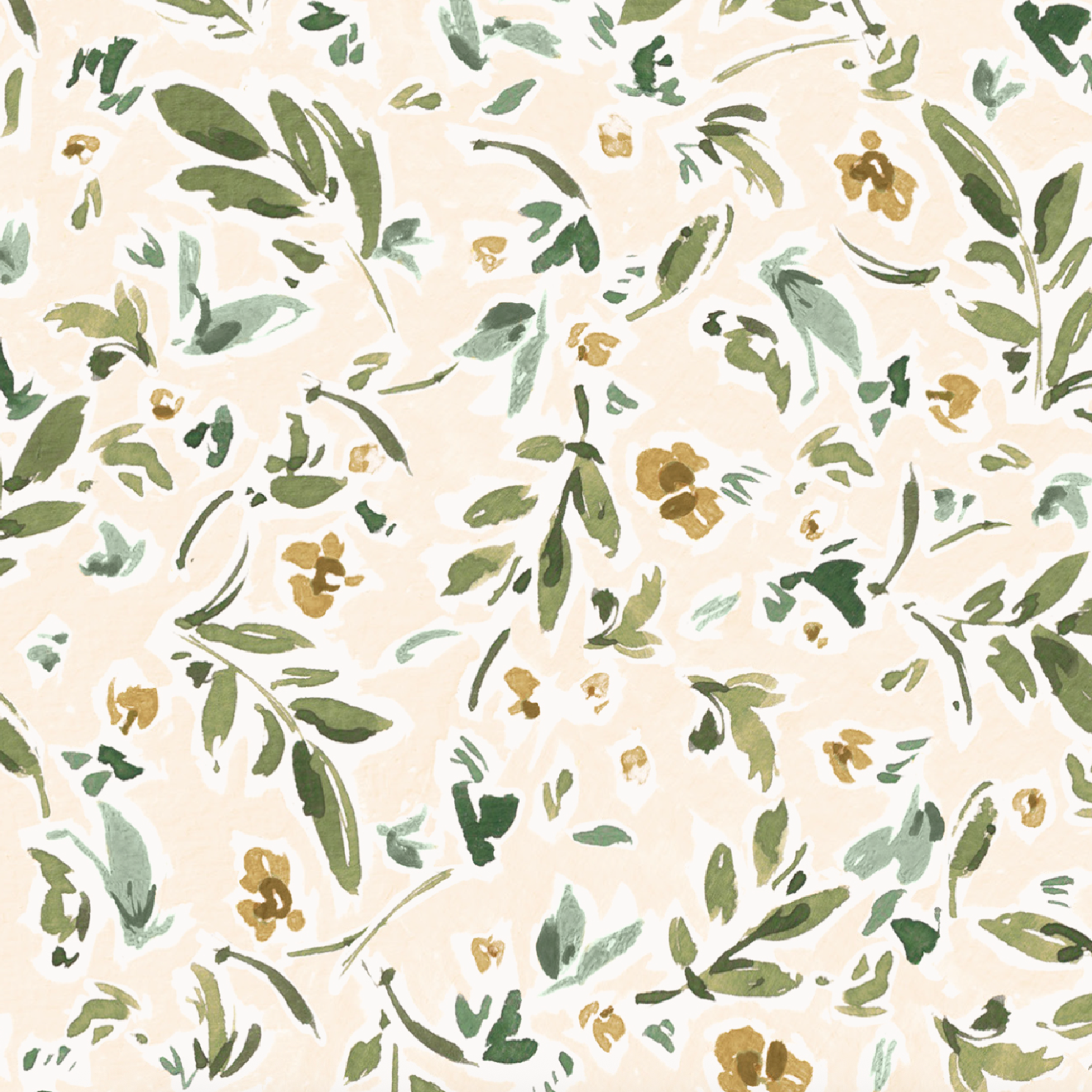 Meadow Flutter Leaves Wallpaper features a seamless floral pattern with green and olive watercolor leaves and small yellow flowers on a light beige background, creating a soft, hand-painted look ideal for nature-inspired kids&