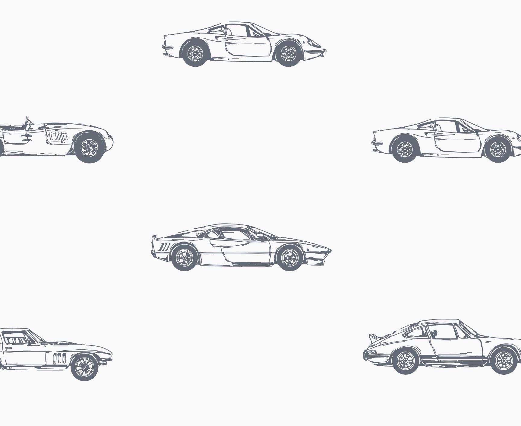 The Vintage Cars Wallpaper Repeat Pattern by munks and me features classic sports car illustrations in gray on a white background. The varied styles are evenly spaced and face different directions, offering charm and style to any nurserys transport theme.
