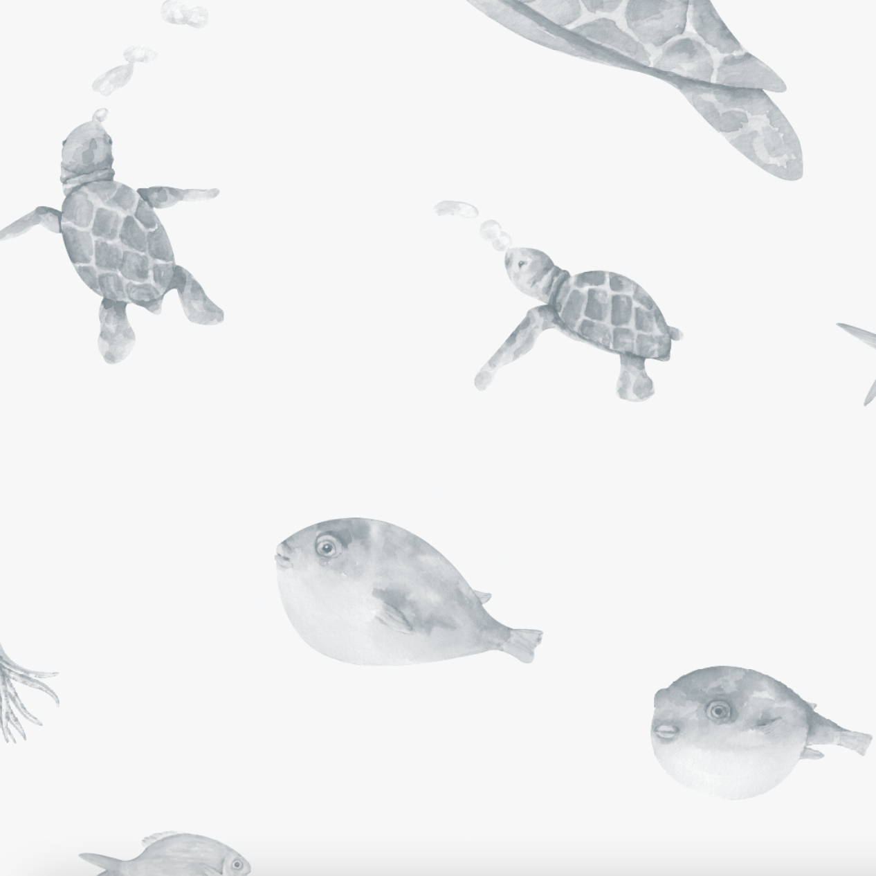 The Fish Tank Wallpaper Mural by munks and me showcases gray-painted sea creatures like turtles and fish on a white backdrop, spaced apart to mimic a serene ocean scene, with coral in the lower left corner.