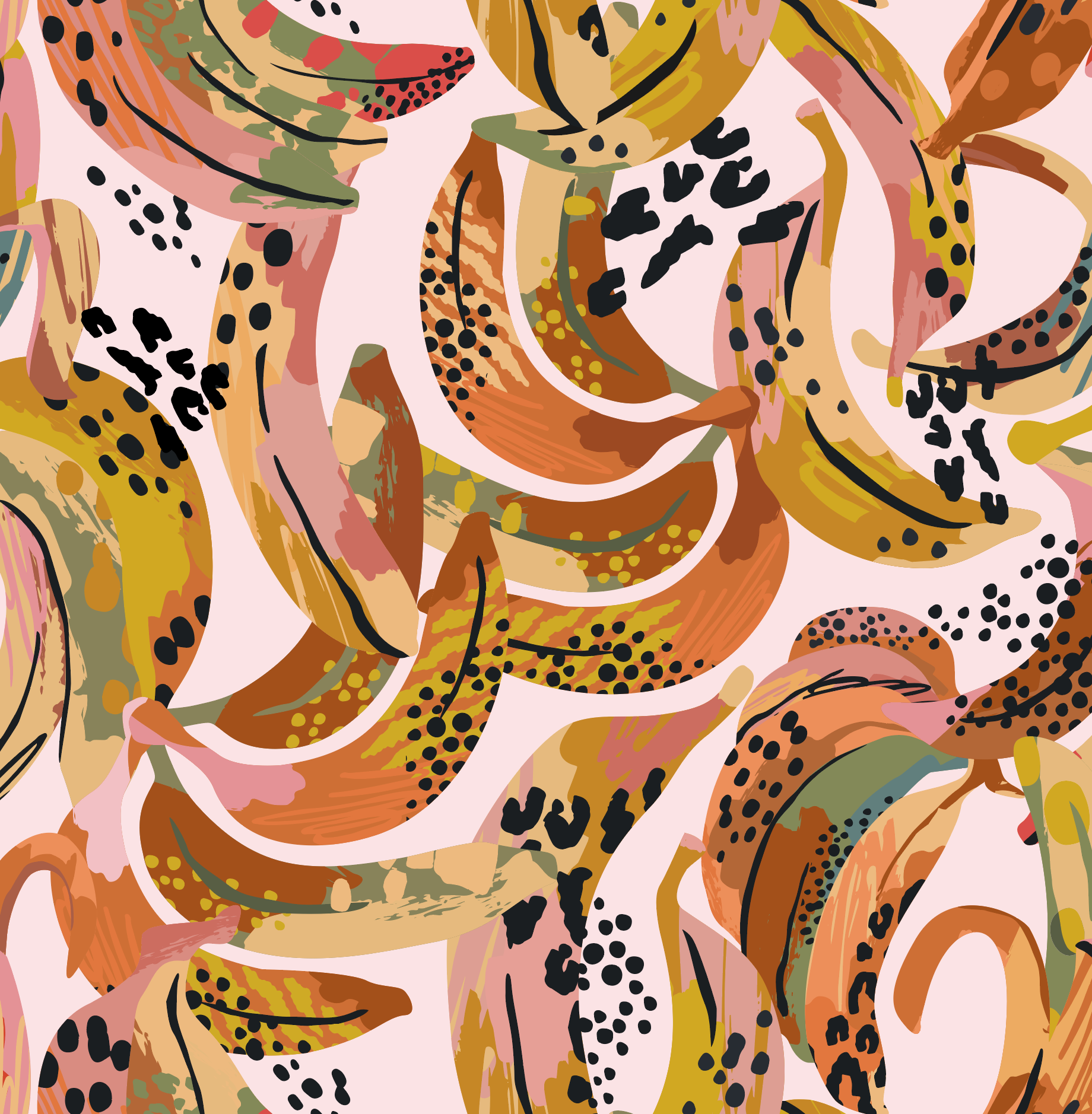 Introducing the munks and me Banana Party Wallpaper Repeat Pattern: a vibrant design featuring colorful banana peels in yellow, orange, pink, and green shades. Accented with black and pink spots on light pink, it adds a tropical, artistic vibe to any room.