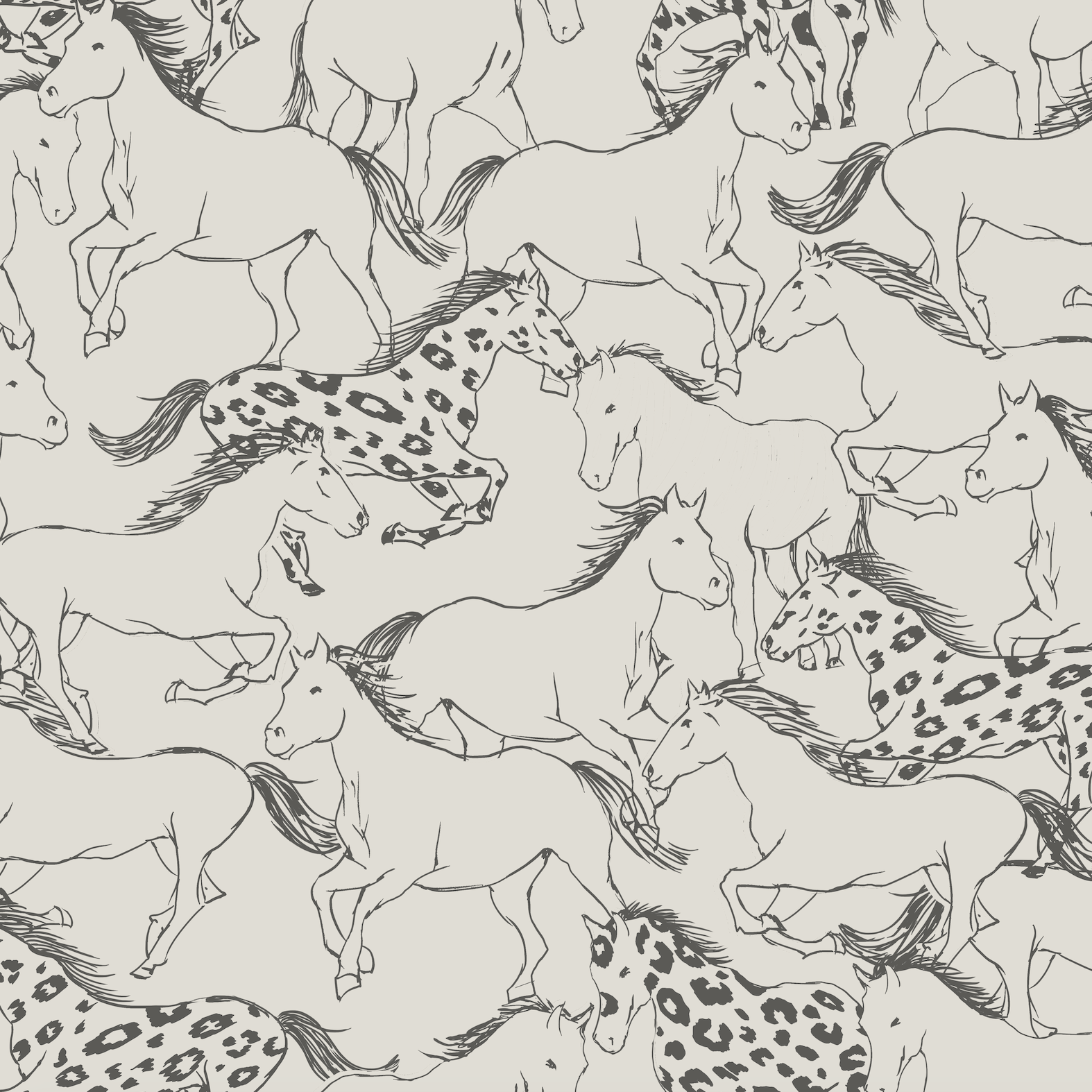 Sierra Horses Wallpaper Repeat Pattern features hand-drawn galloping horses, some with leopard-like spots, outlined in black on a light background—ideal as premium wallpaper for childrens rooms or nurseries.