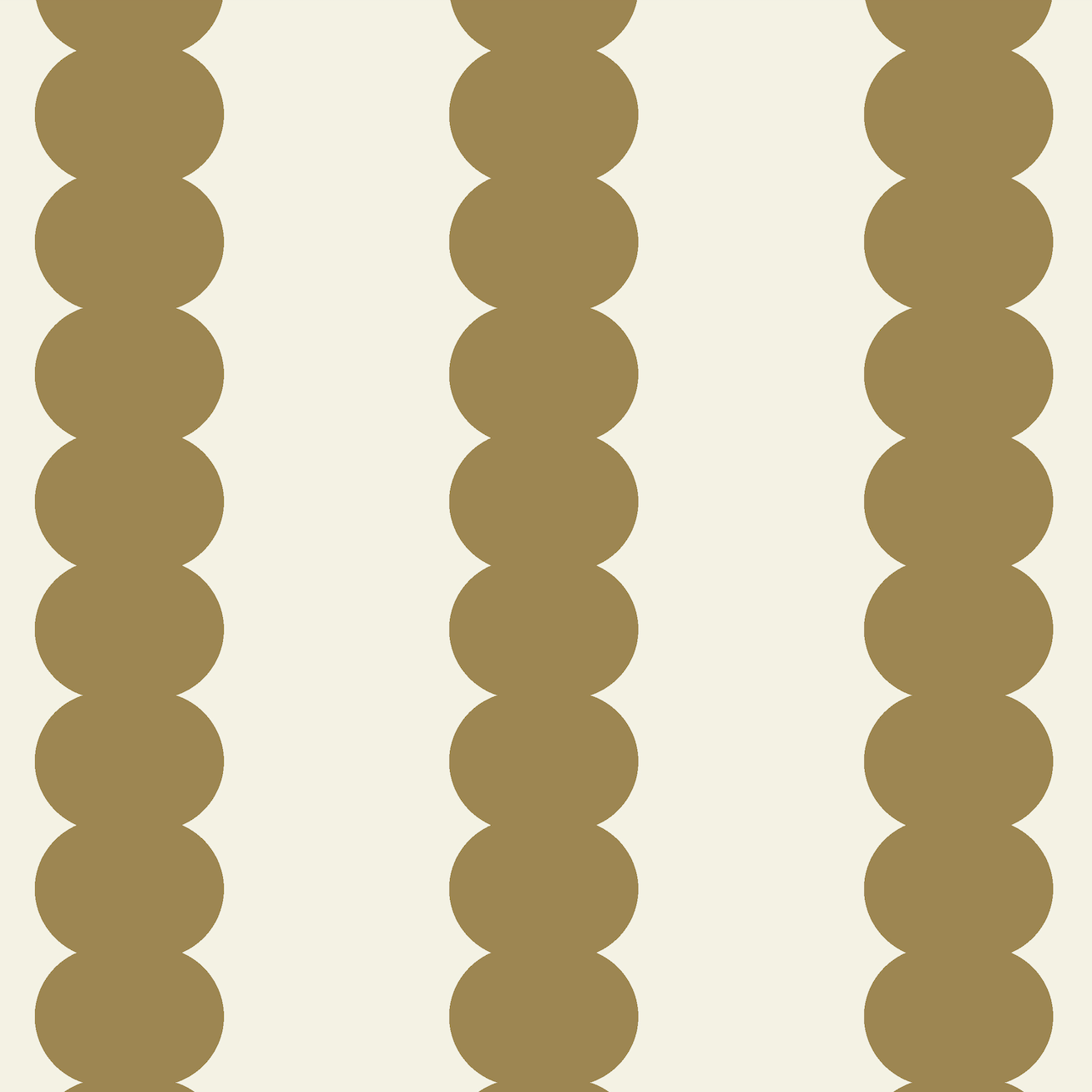 Vertical stripes of overlapping brown circles on a light beige background form a repeating pattern, perfect as Scallop Stripe Wallpaper Moss to create a cozy nursery.