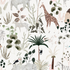Featuring a charming repeat pattern of giraffes, elephants, monkeys, birds, zebras, palm trees, and lush foliage in soft colors on white, Jungle Dreams Wallpaper Repeat Pattern adds a whimsical touch to any space.