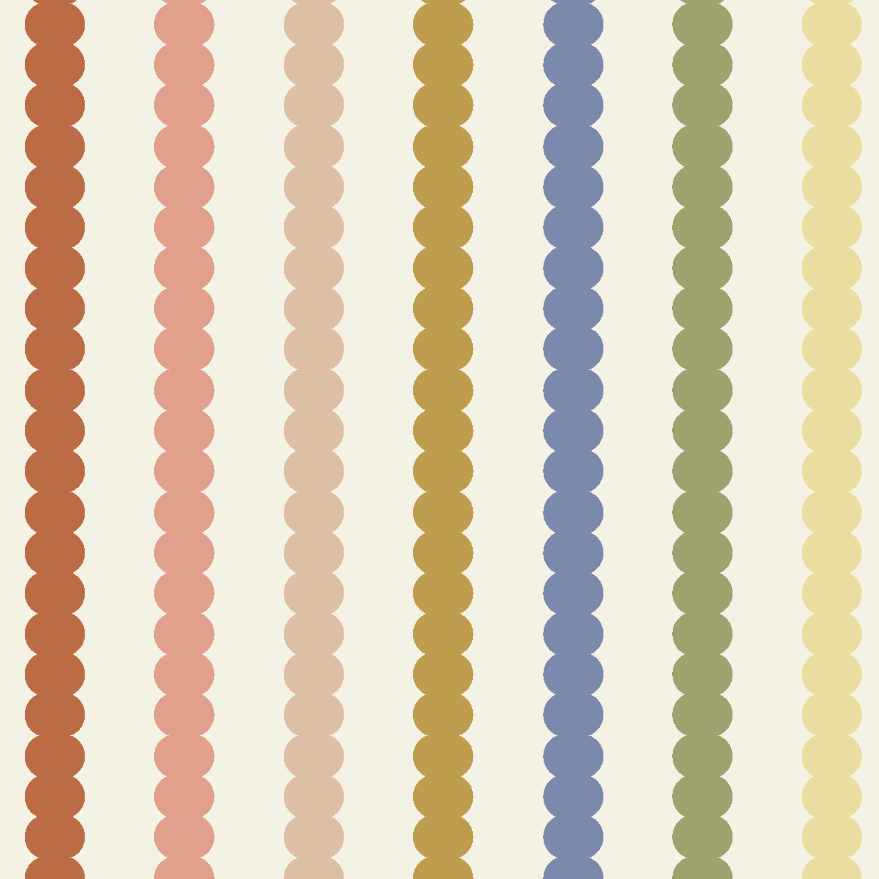 The Mini Scallop Stripe Wallpaper Repeat Pattern | Multi features vertical rows of evenly spaced circles in brown, pink, yellow, blue, green, and light yellow on beige—ideal multicolour wallpaper for children&