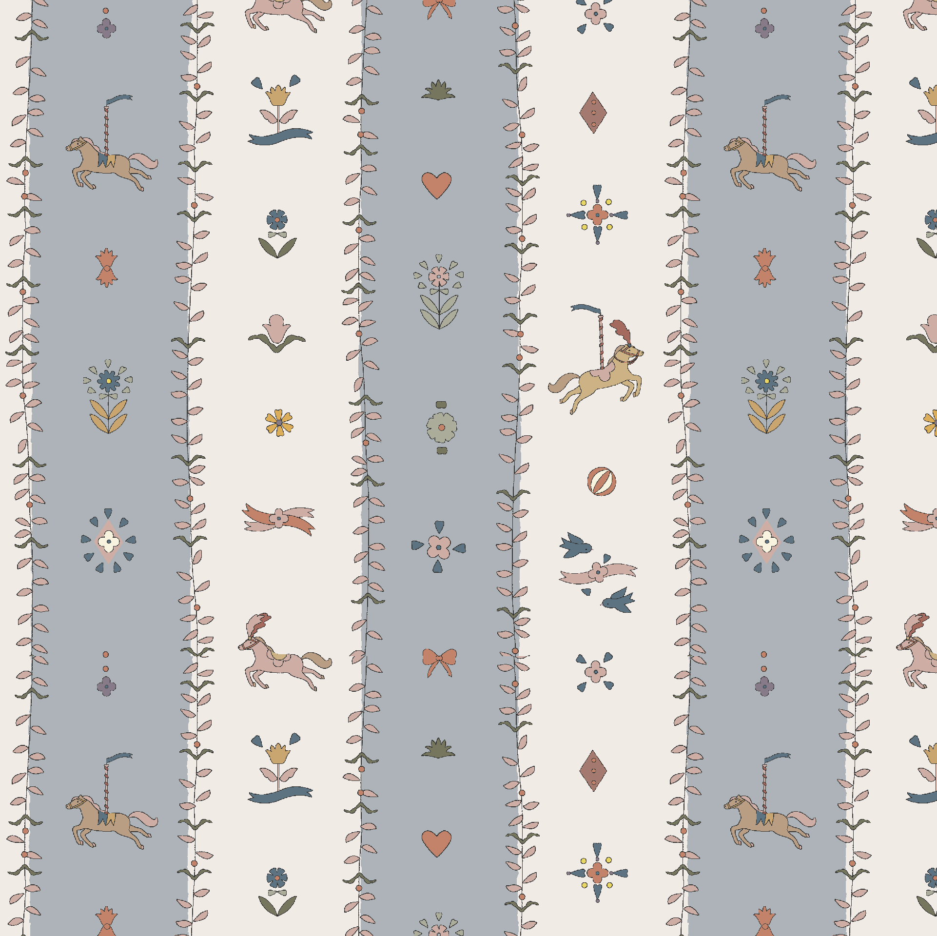 The Little Carousel Stripe Wallpaper, Blue features alternating blue and cream stripes with playful horses, rabbits, birds, florals, hearts, and geometric shapes in soft pastels—ideal for bringing vintage circus charm to a nursery or playroom.