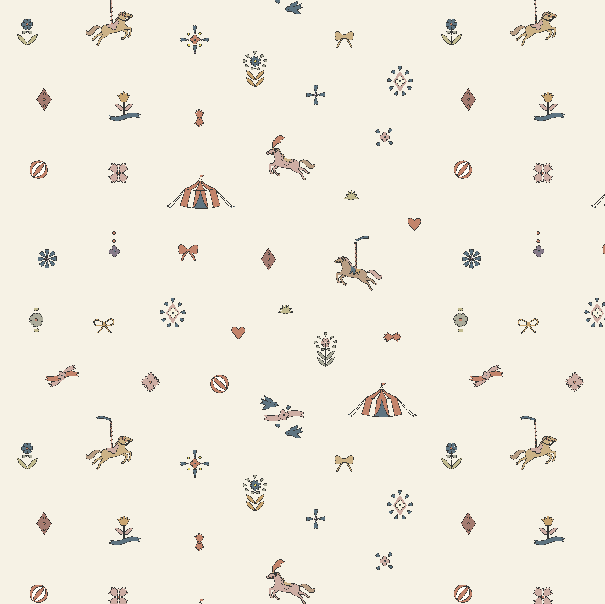 Petite Circus Party Wallpaper features a seamless cream background with playful carousel horses, circus tents, flowers, bows, diamonds, hearts, birds, and whimsical accents in soft, muted colors.