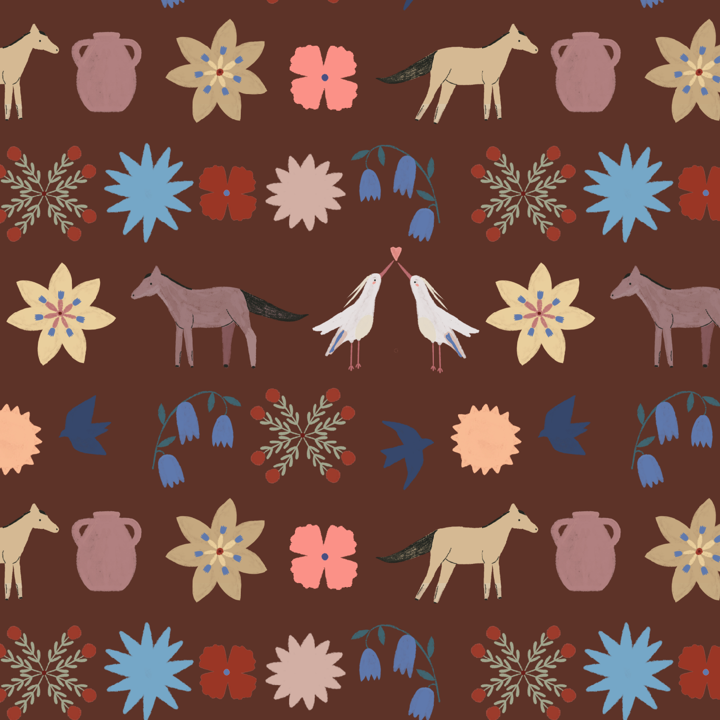 Playful Prairie Cocoa Wallpaper showcases hand-drawn folk art with horses, birds, blue and yellow flowers, potted plants, and decorative motifs on a brown background—ideal for a nursery or vibrant floral decor.