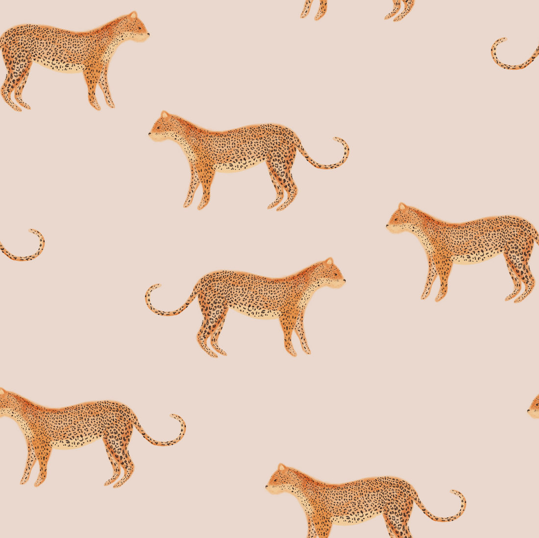 Goldies Cheetah Wallpaper, Pink showcases a seamless animal pattern with illustrated cheetahs in various walking poses facing left, adorned with orange and black spots on a light beige background—an ideal choice for bringing a trendy and chic cheetah print accent to your space.
