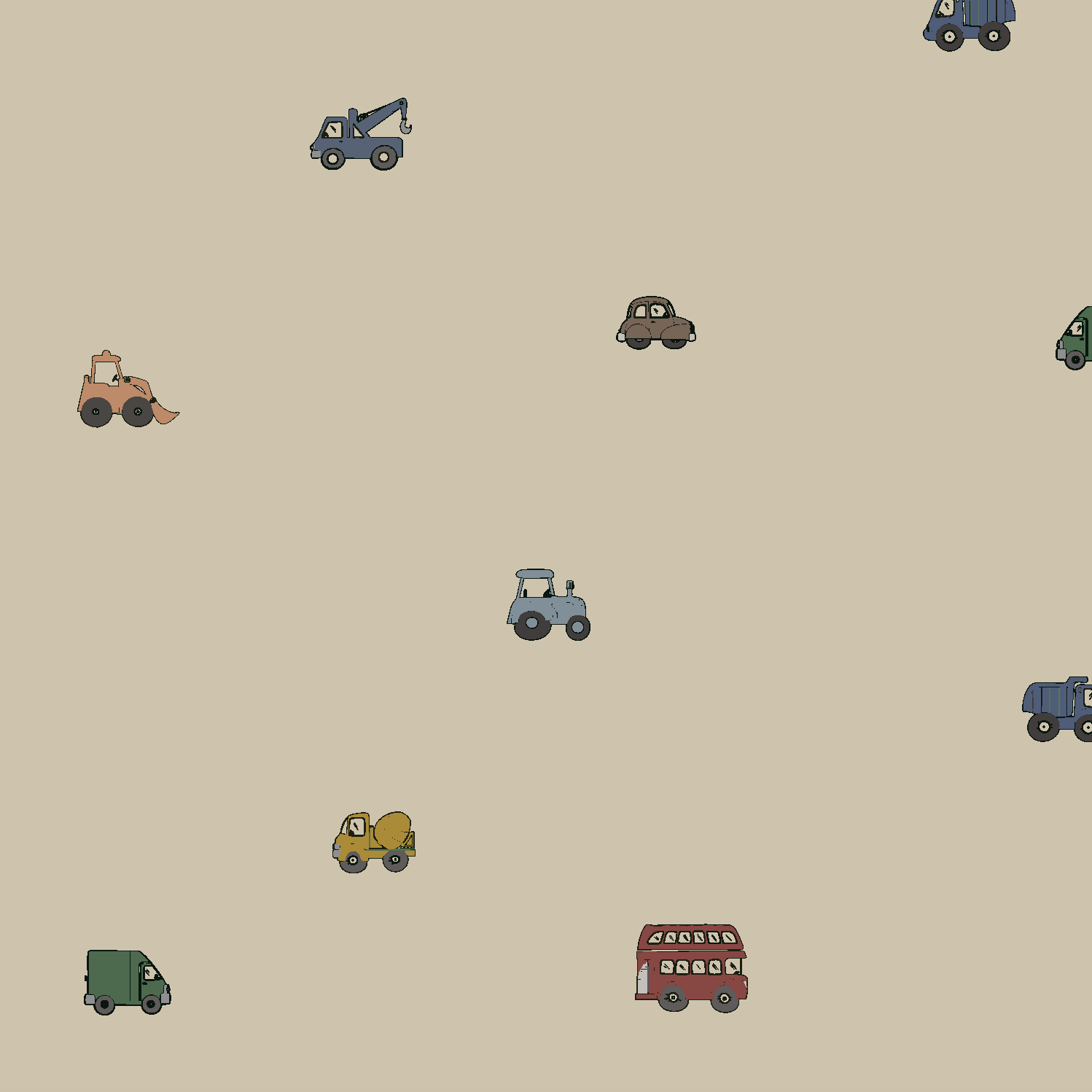 Experience the playful charm of the Transport Trail Wallpaper in beige, featuring a delightful array of cartoon vehicles—including cars, trucks, a cement mixer, a tow truck, and a red bus—scattered across a spacious neutral background. Perfect for adding a whimsical transport theme to any nursery or kids’ room.