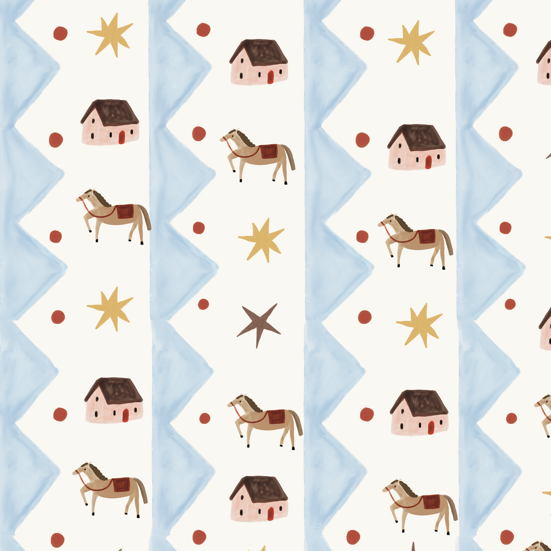 Paddock Parade Wallpaper features a hand-drawn pattern of horses, small houses, yellow stars, brown dots, and blue zigzag stripes on a white background, repeating vertically—perfect for adding countryside charm to children’s rooms.