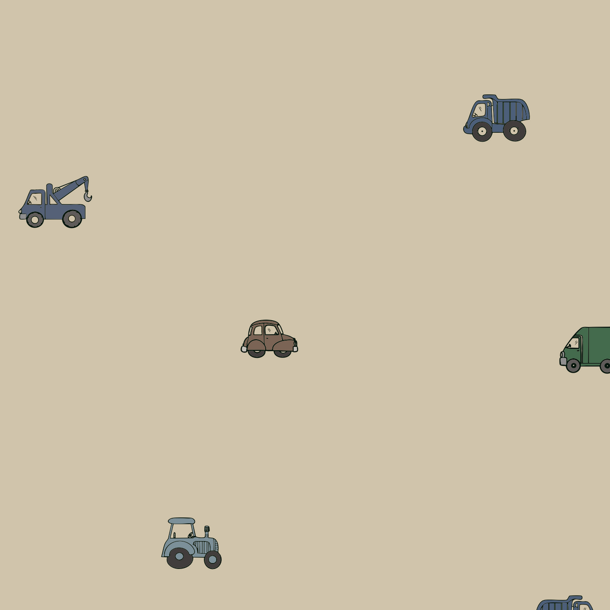 Transport Trail Wallpaper in beige featuring a repeating pattern of small, illustrated construction and transport vehicles including a tow truck, dump truck, tractor, and car.