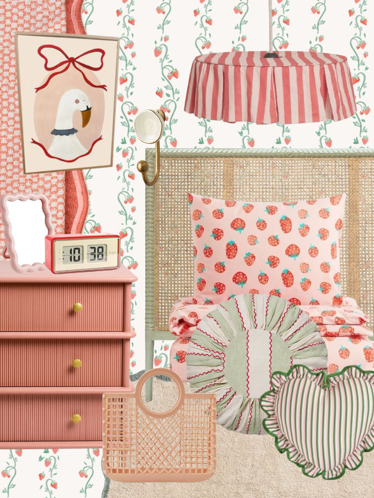 A cozy bedroom with pink and green strawberry-themed bedding, Strawberry Stripes Wallpaper Repeat Pattern, a striped pink lampshade, a pink dresser with a digital clock, a heart-shaped pillow, floral vines, and a goose painting.