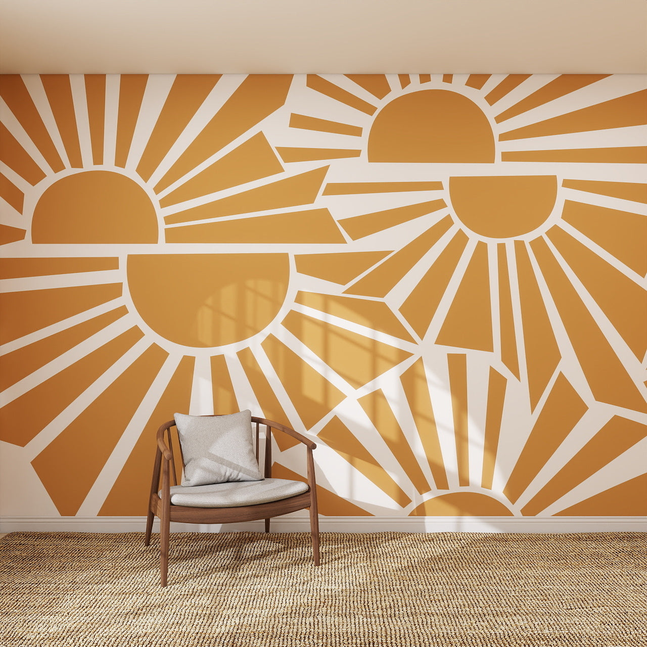 A modern room features the Sunbeams Wallpaper Repeat Pattern with stylized orange and white sunrises, a wooden chair with a gray cushion, and a woven rug. Sunlight enhances the sunshine-inspired decor.