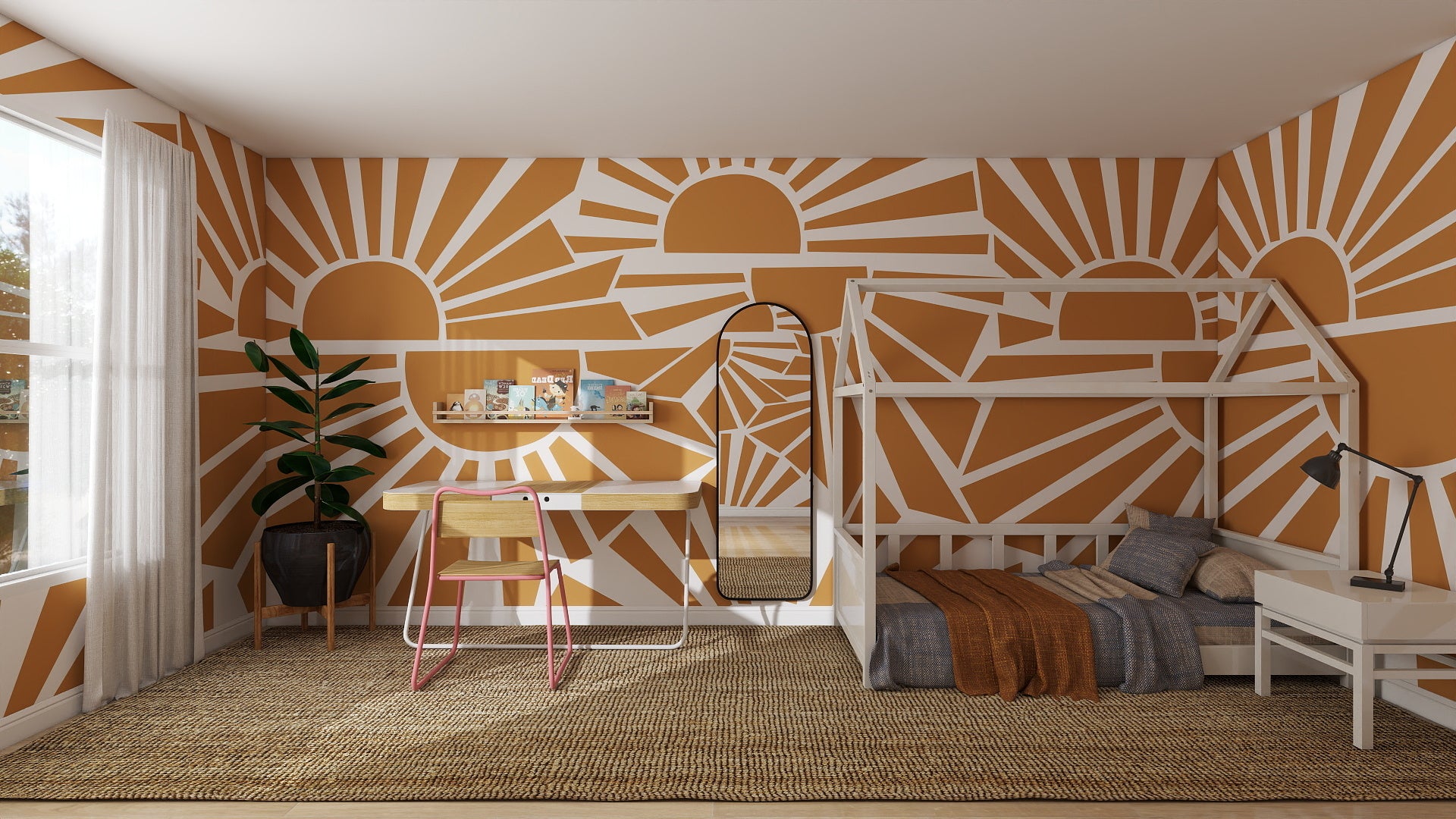 A brightly lit kids’ bedroom features the Sunbeams Wallpaper Repeat Pattern in white and orange, a house-shaped bunk bed, a desk with a pink chair, a floor plant, a wall mirror, and a large window with white curtains.