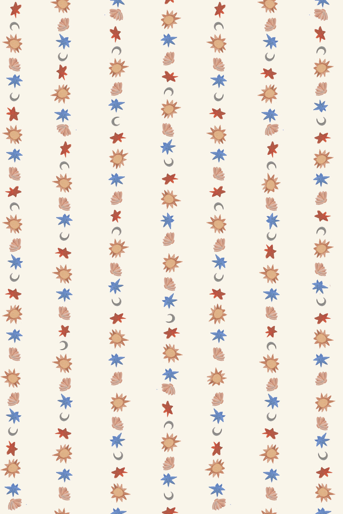 Vertical rows of scattered autumn leaves and small blue flowers on light beige create a whimsical repeating pattern—perfect as All I See Is Magic Stripe Wallpaper for nursery decor with a charming, enchanting touch.
