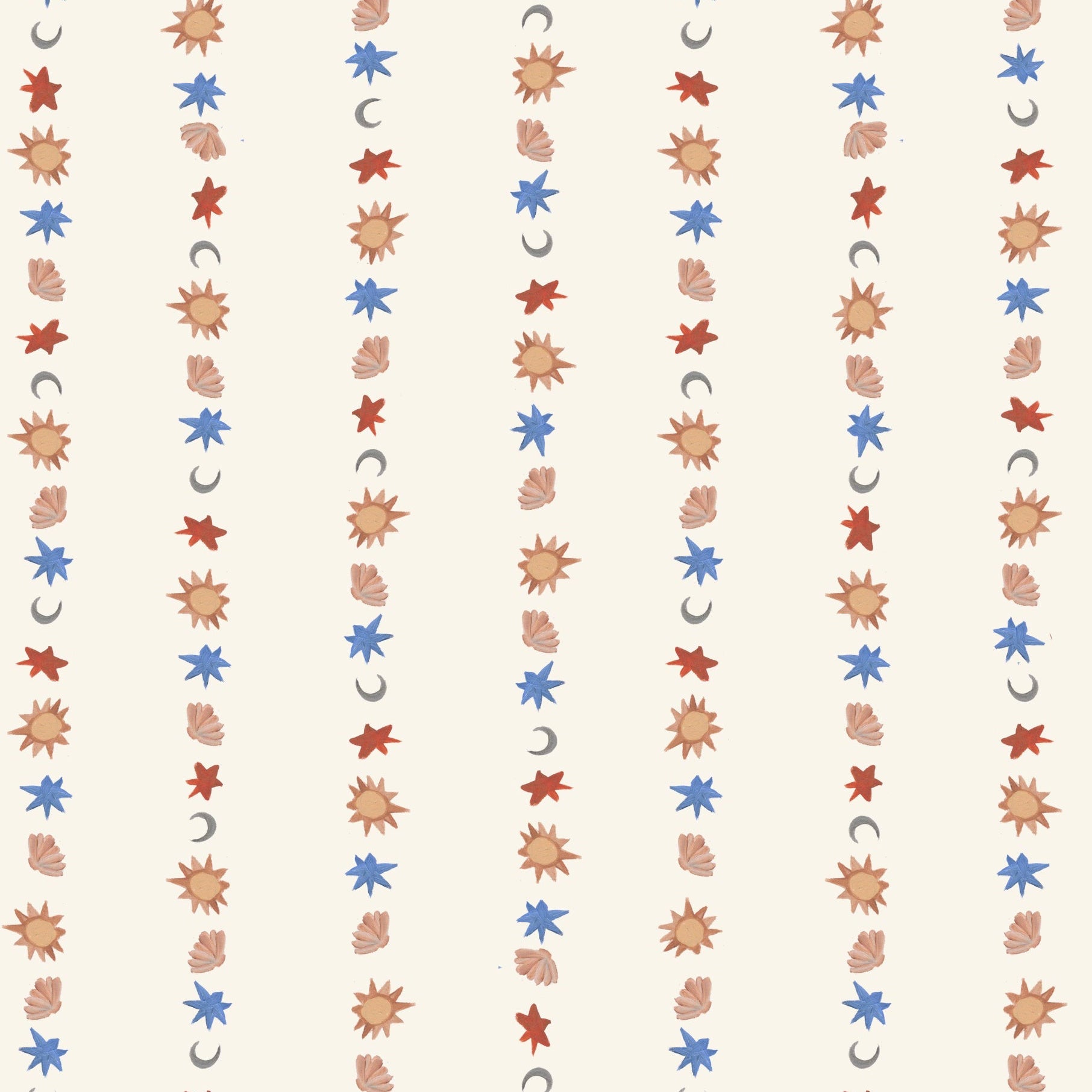 Vertical rows of scattered autumn leaves and small blue flowers on light beige create a whimsical repeating pattern—perfect as All I See Is Magic Stripe Wallpaper for nursery decor with a charming, enchanting touch.