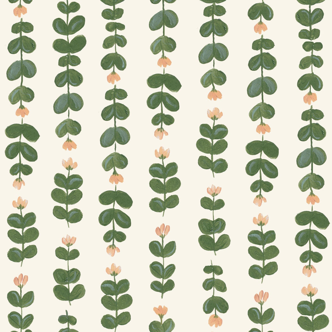 Floral Trails Wallpaper features vertical rows of watercolor green leafy stems and small peach flowers on a light beige background, creating a simple, repeating botanical pattern ideal for hand-painted or nursery wallpaper.