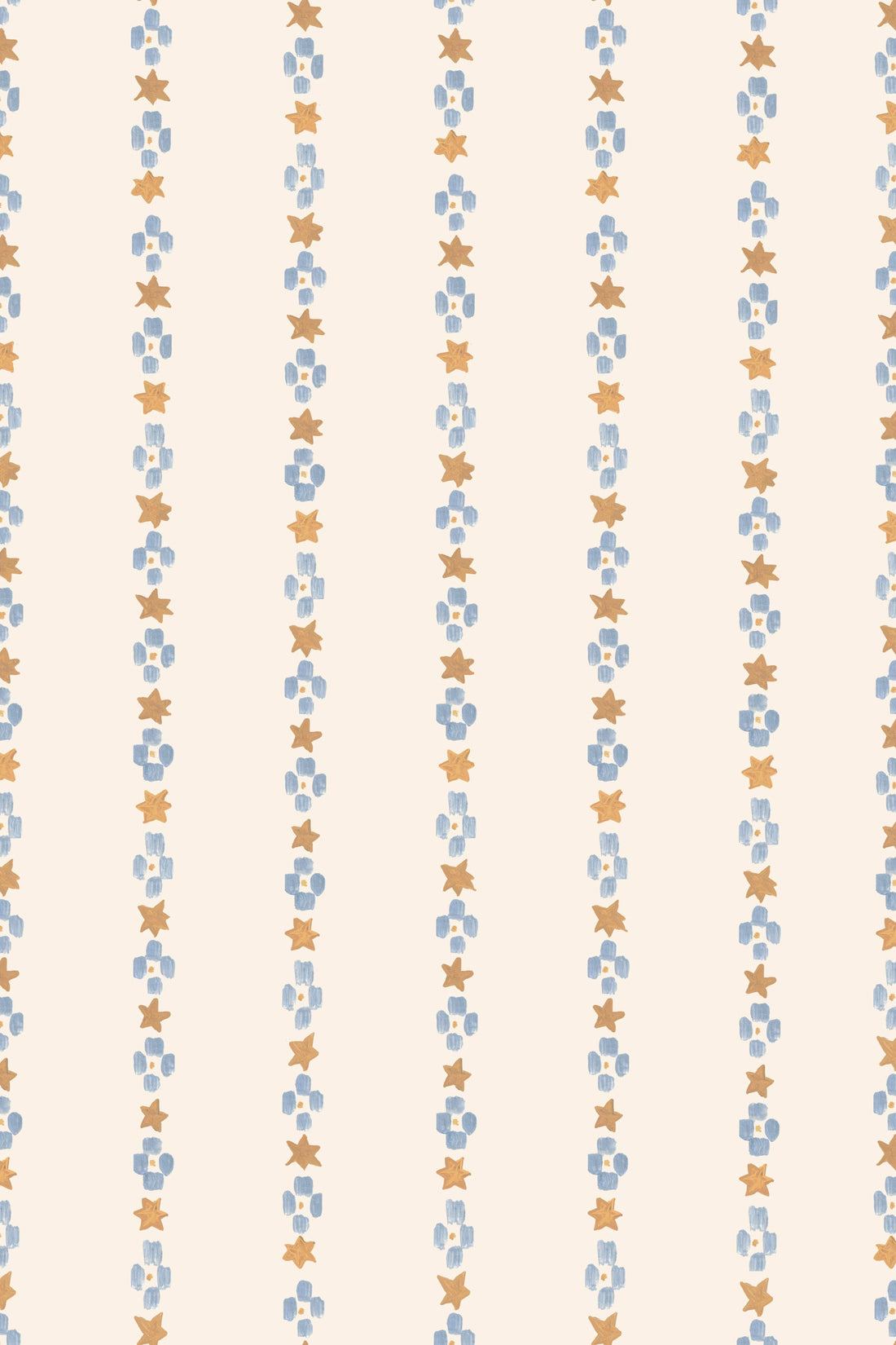 Vertical rows of blue abstract shapes and orange stars on a light beige background create a repeating pattern—ideal as Jacquard Stars Wallpaper, Gold for a stylish accent in any children’s room.