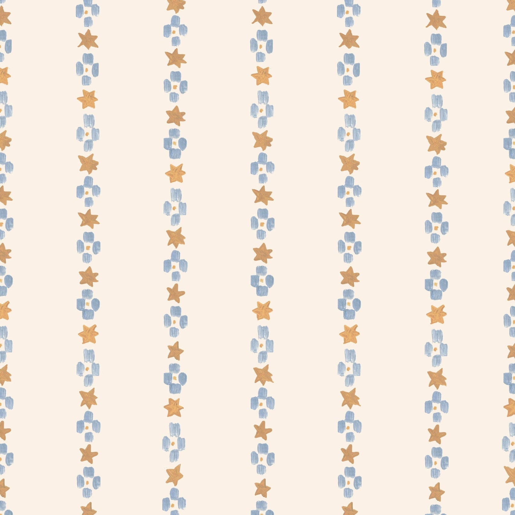 Vertical rows of blue abstract shapes and orange stars on a light beige background create a repeating pattern—ideal as Jacquard Stars Wallpaper, Gold for a stylish accent in any children’s room.