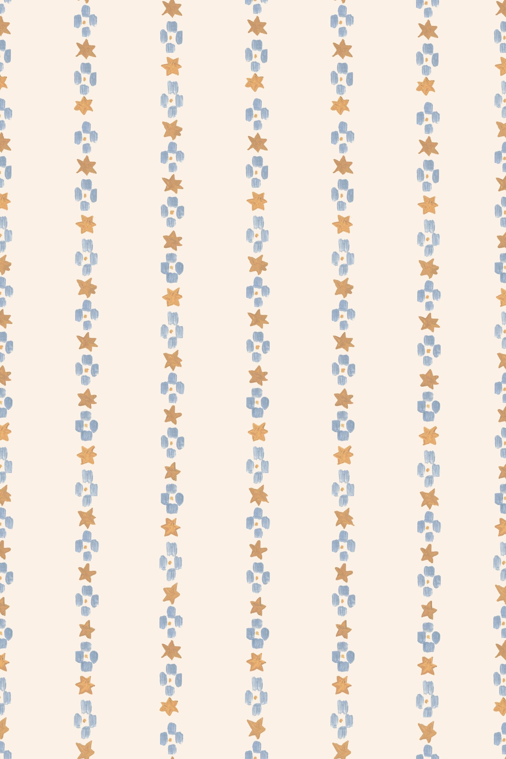 Vertical rows of blue abstract shapes and orange stars on a light beige background create a repeating pattern—ideal as Jacquard Stars Wallpaper, Gold for a stylish accent in any children’s room.