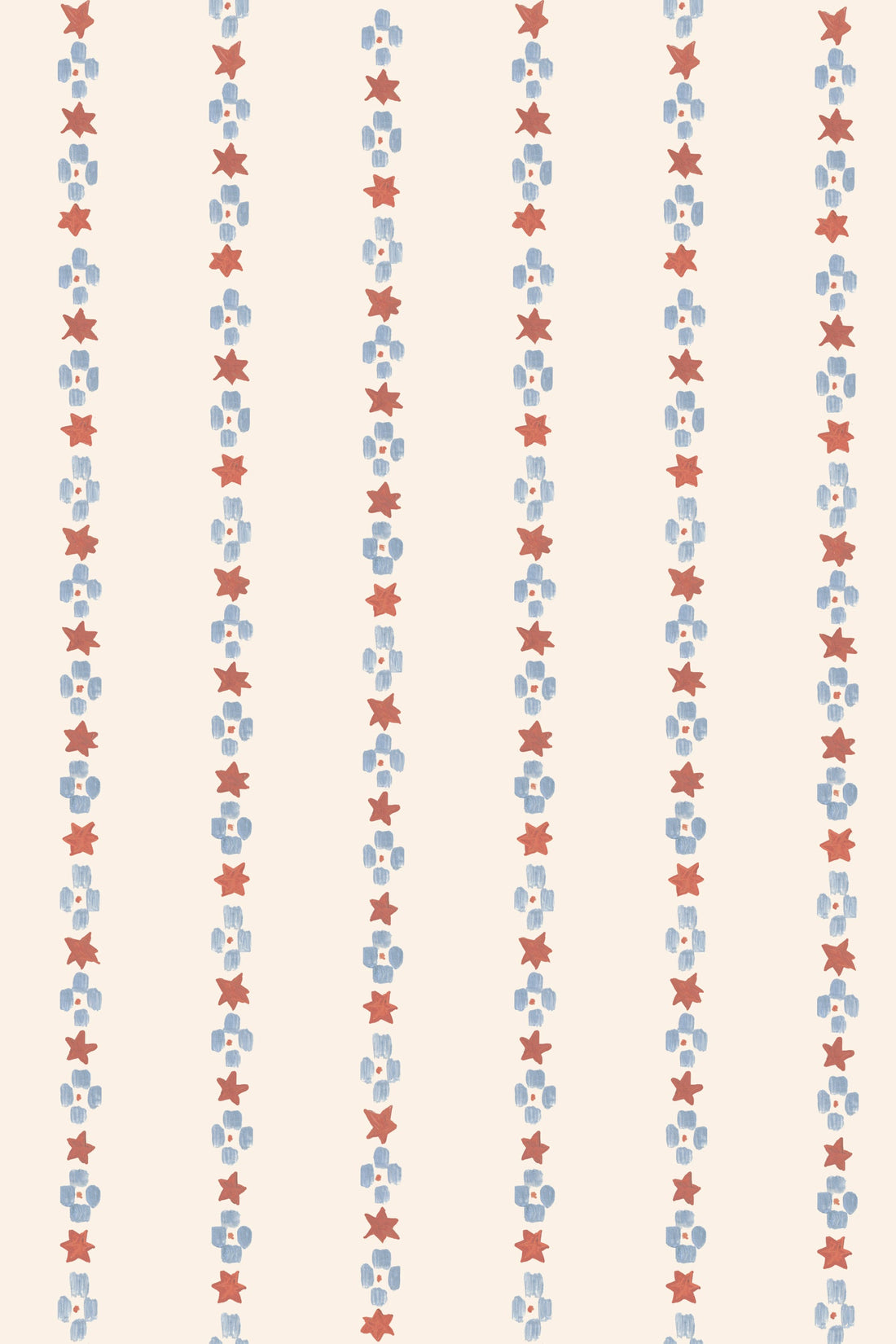 The Jacquard Stars Wallpaper, Red features vertical rows of hand-painted red stars and blue squares on a light beige background, creating an evenly spaced, retro look that&