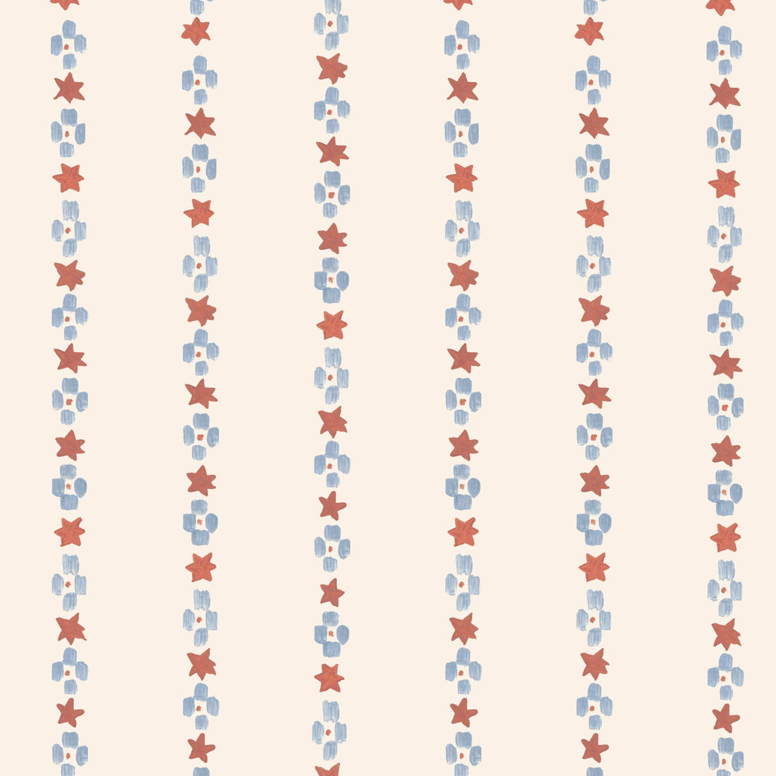 The Jacquard Stars Wallpaper, Red features vertical rows of hand-painted red stars and blue squares on a light beige background, creating an evenly spaced, retro look that&