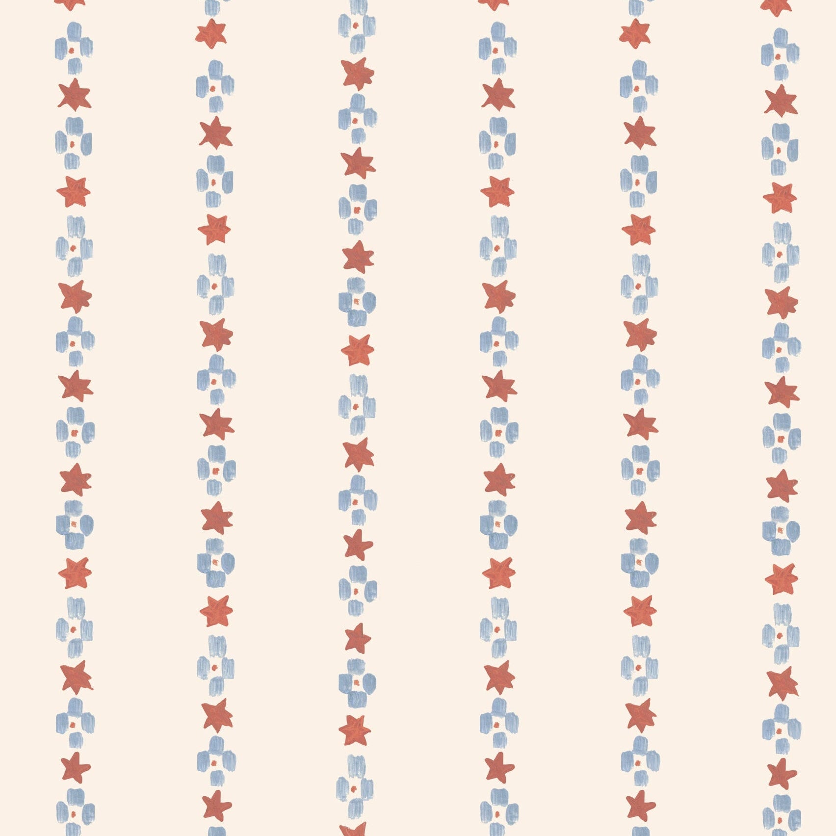 The Jacquard Stars Wallpaper, Red features vertical rows of hand-painted red stars and blue squares on a light beige background, creating an evenly spaced, retro look that&