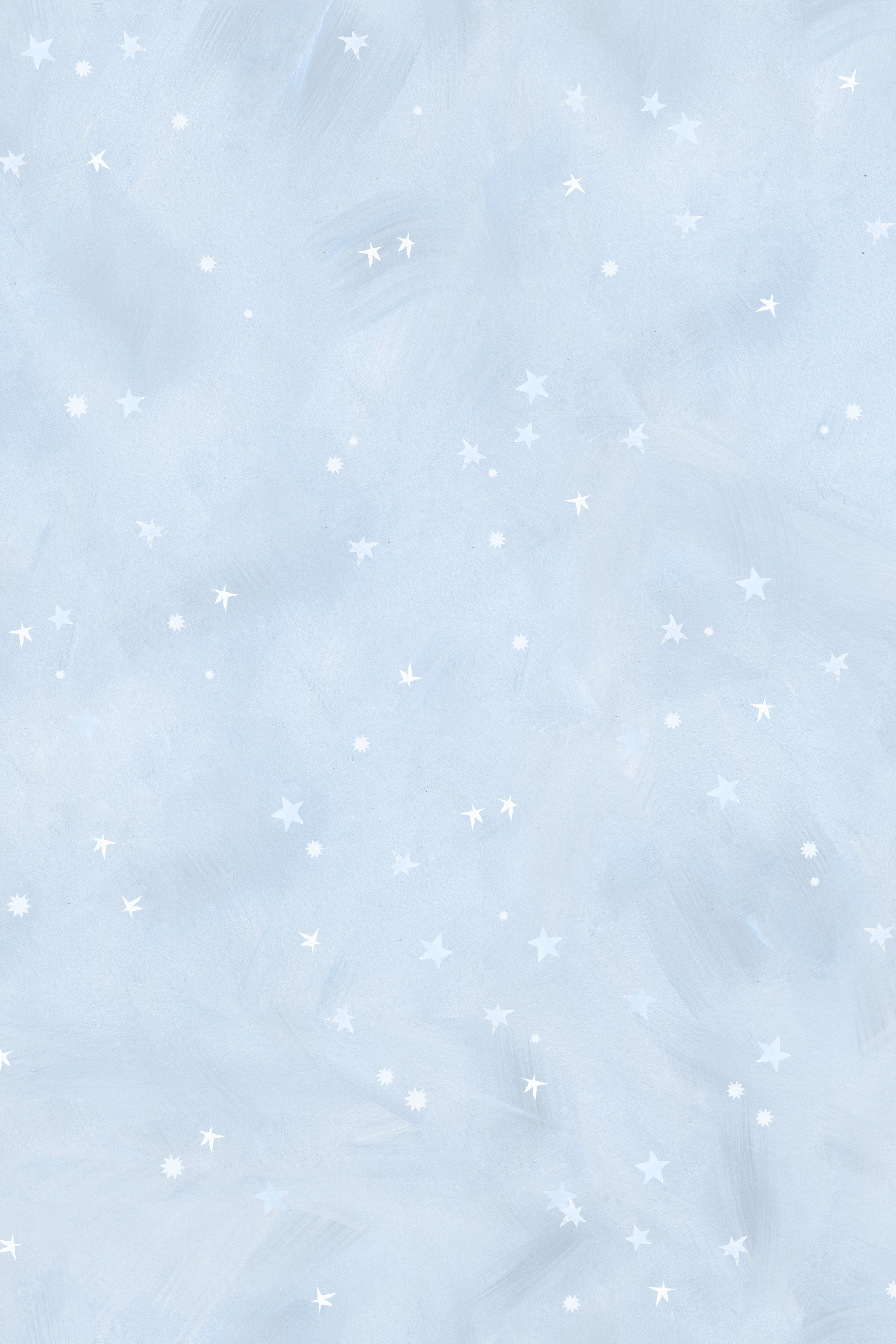 The Painted Cloud Stars Wallpaper, Blue, features a light blue textured background with small white stars and dots for a soft, dreamy night sky look—ideal as celestial nursery decor.
