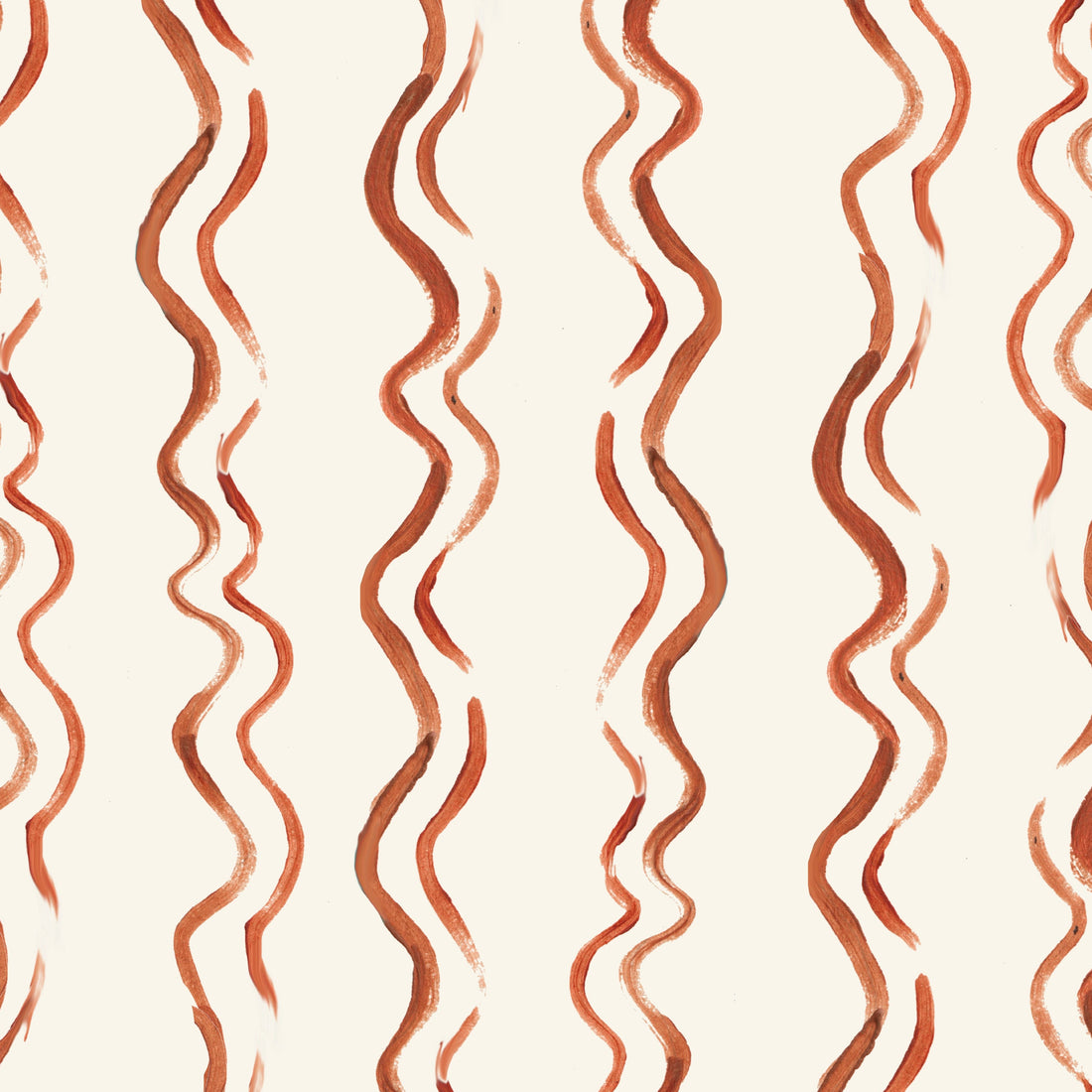Wiggle Stripe Wallpaper, Red features an abstract pattern with wavy, vertical rust-red lines on a light beige background. Its playful, organic design is ideal for children&