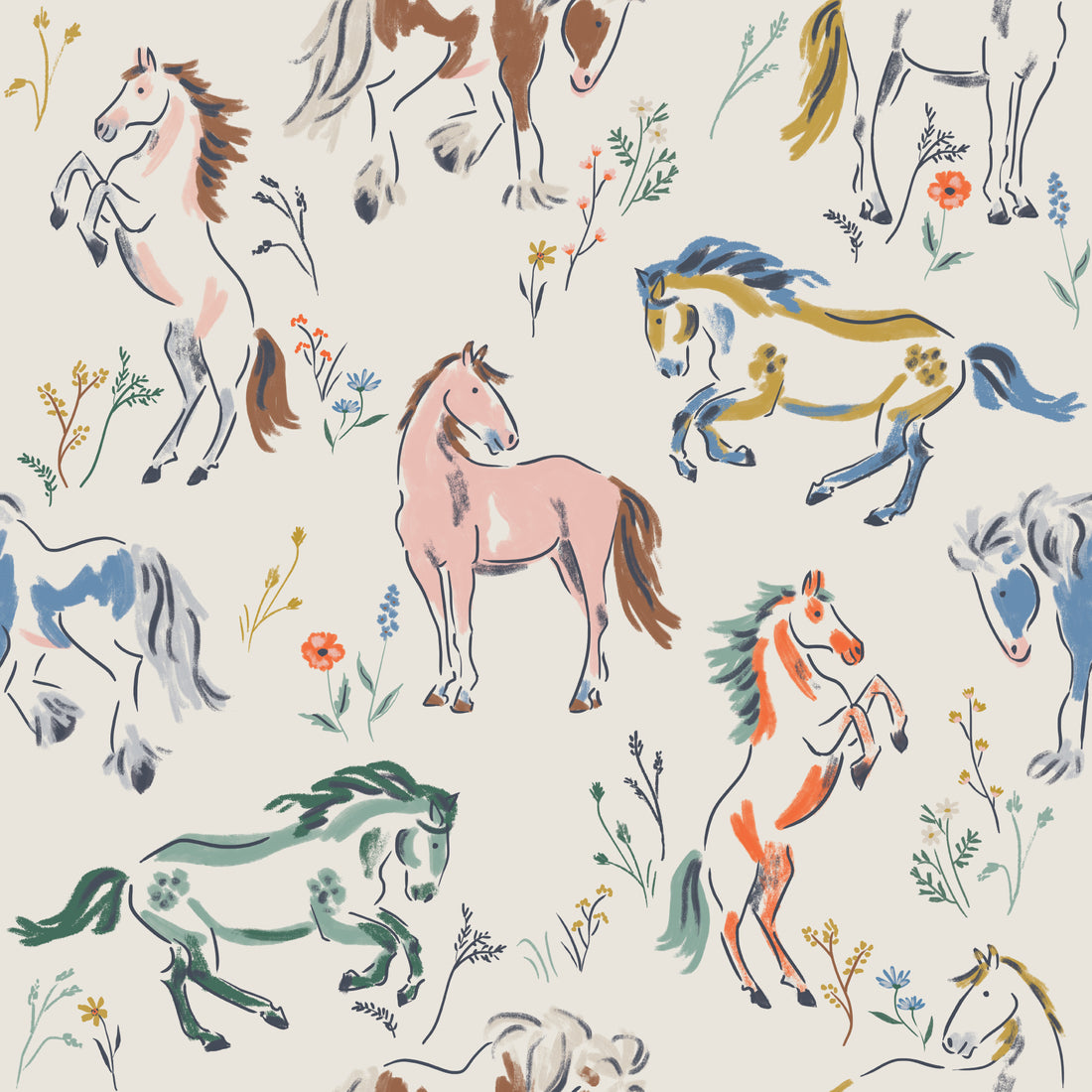 Wild At Heart Wallpaper Sample features a pattern of illustrated horses in various poses and colors, complemented by small flowers and plants scattered between them on a cream background, perfect for showcasing wallpaper quality.