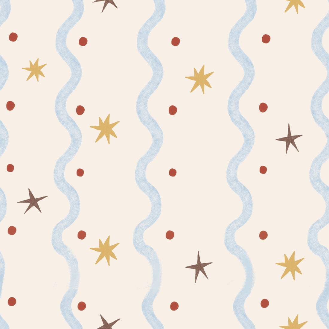 Featuring wavy blue vertical lines, gold and brown star shapes, and red dots on a light beige background, the Starry Wiggle Wallpaper displays evenly spaced elements in a whimsical, repeating pattern—perfect for decorating a children’s room or nursery.