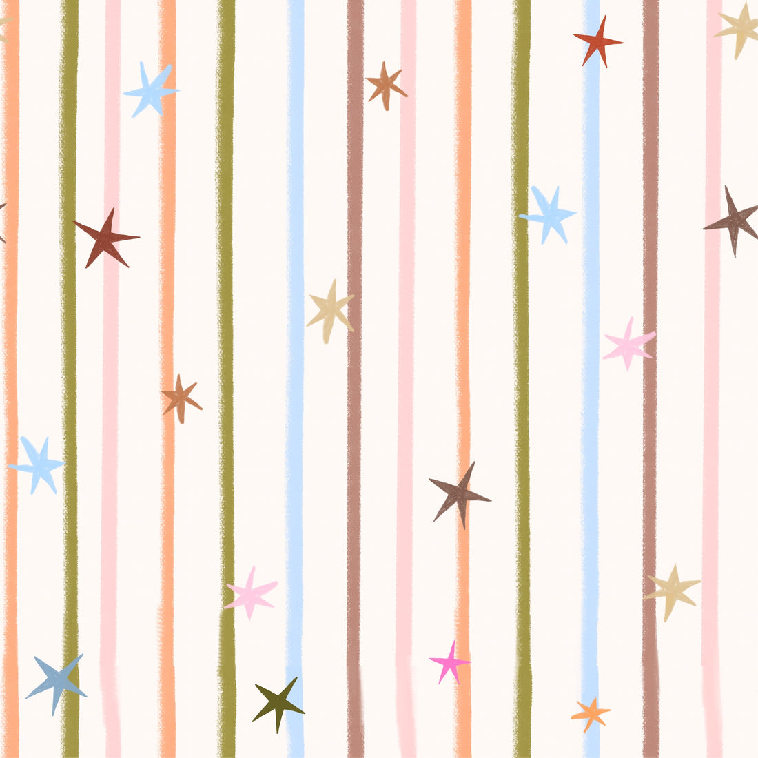 Starlight Stripe Wallpaper featuring vertical, multi-colored hand-painted stripes scattered with small, hand-drawn stars in various colors, perfect for a whimsical children’s wallpaper.