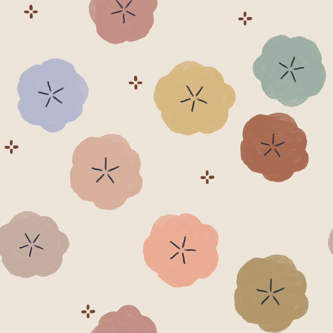 Posy Pop hand-drawn floral wallpaper with oversized colourful flowers on a warm cream background.