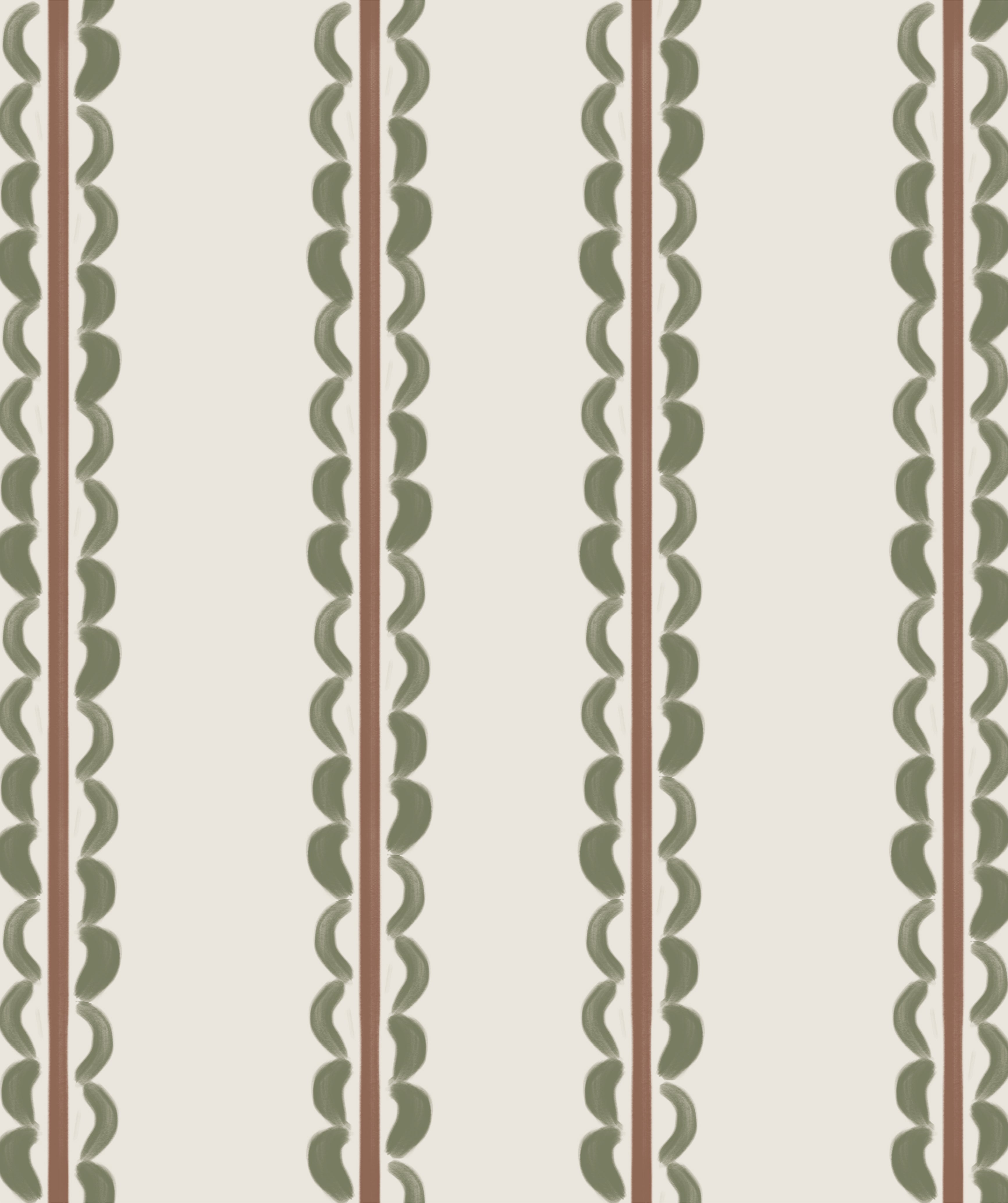 The Folk Scallop Stripe Wallpaper Sample in Olive & Mocha features vertical stripes that alternate between wavy green lines and thin brown lines on a cream background, creating a simple, repeating geometric pattern reminiscent of a stylish wallpaper sample.