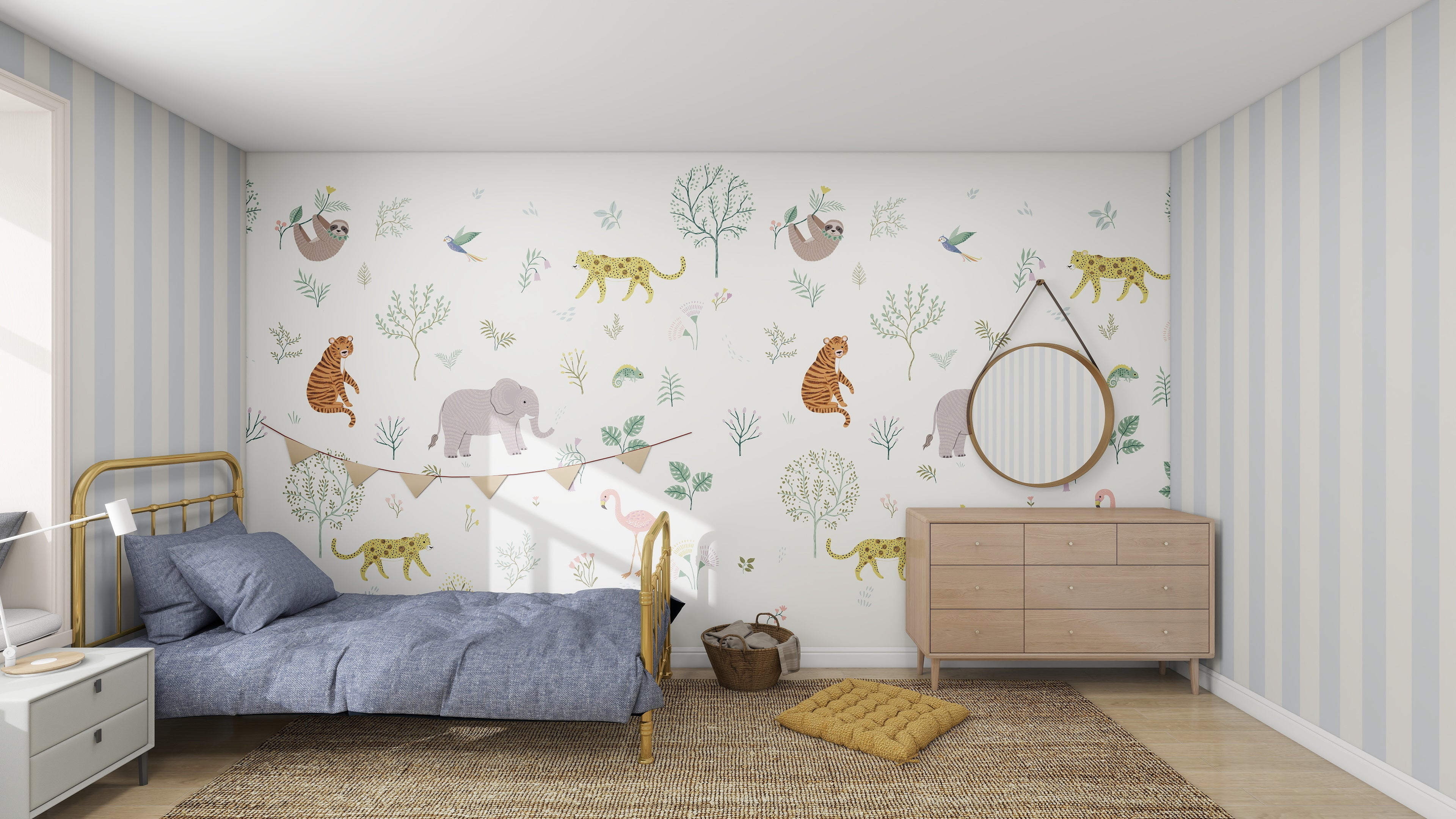 The kids room boasts a twin bed with blue bedding adorned with elephants and tigers. A round mirror is above a wooden dresser, while the munks and me Wild Wonders Wallpaper Mural enchants with vibrant animal scenes. Soft lighting enhances the cozy atmosphere.