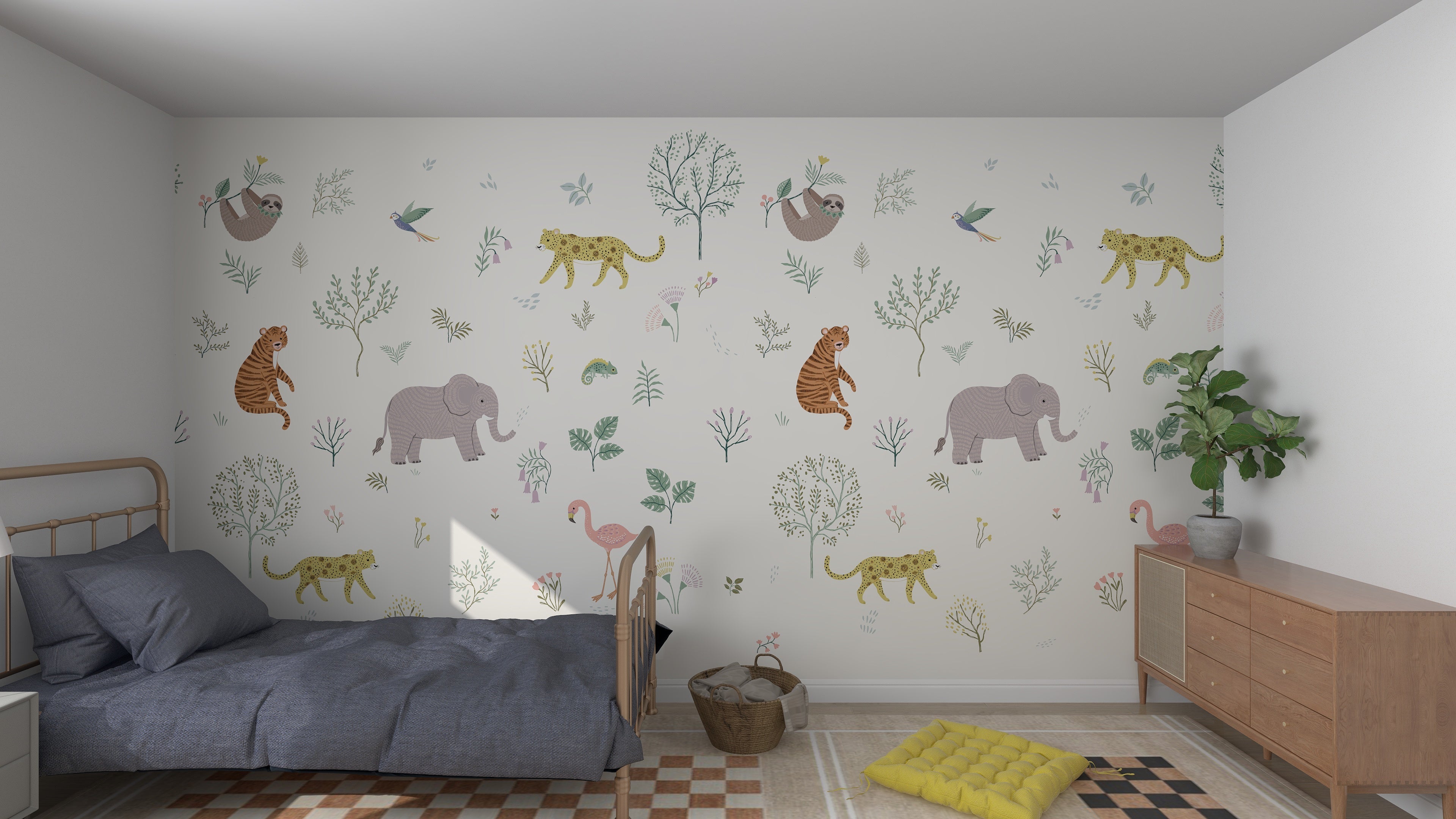 A childrens bedroom highlights the munks and me Wild Wonders Wallpaper Mural, featuring elephants, tigers, flamingos, and leopards among lush trees. A gray bed sits on a checked rug next to a yellow cushion and wooden dresser.