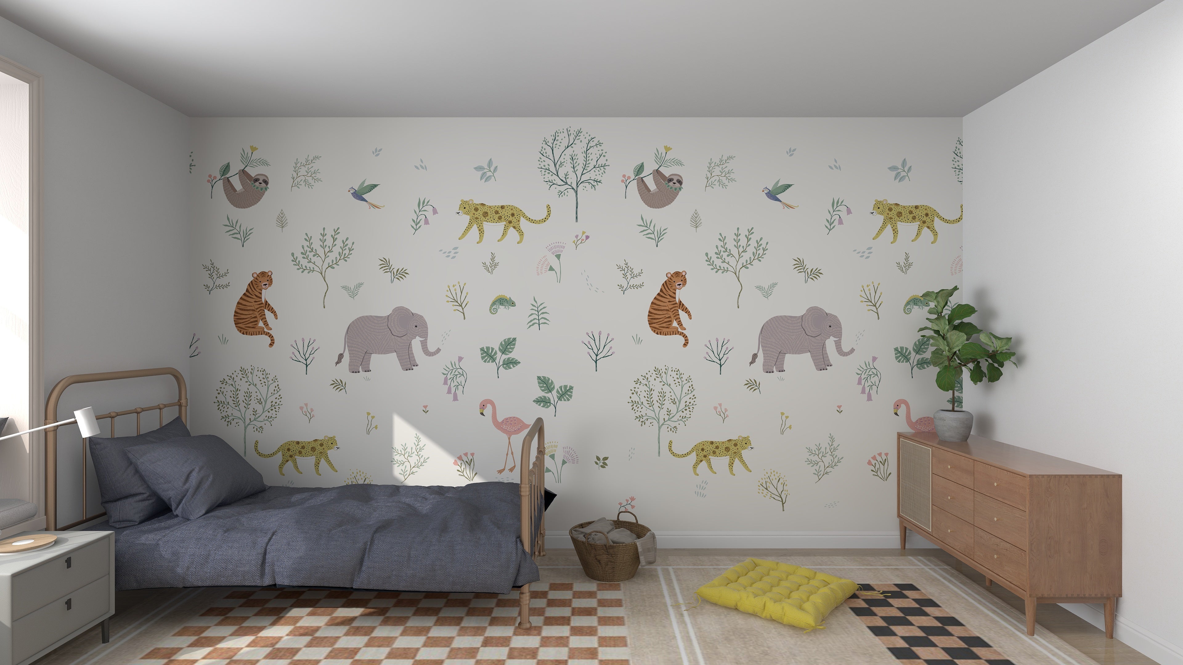 A childrens bedroom features the munks and me Wild Wonders Wallpaper Mural with elephants, tigers, leopards, and birds. The room includes a single bed with a blue blanket, a wooden dresser, and a potted plant. A checkered rug and cushions enhance the floors charm.