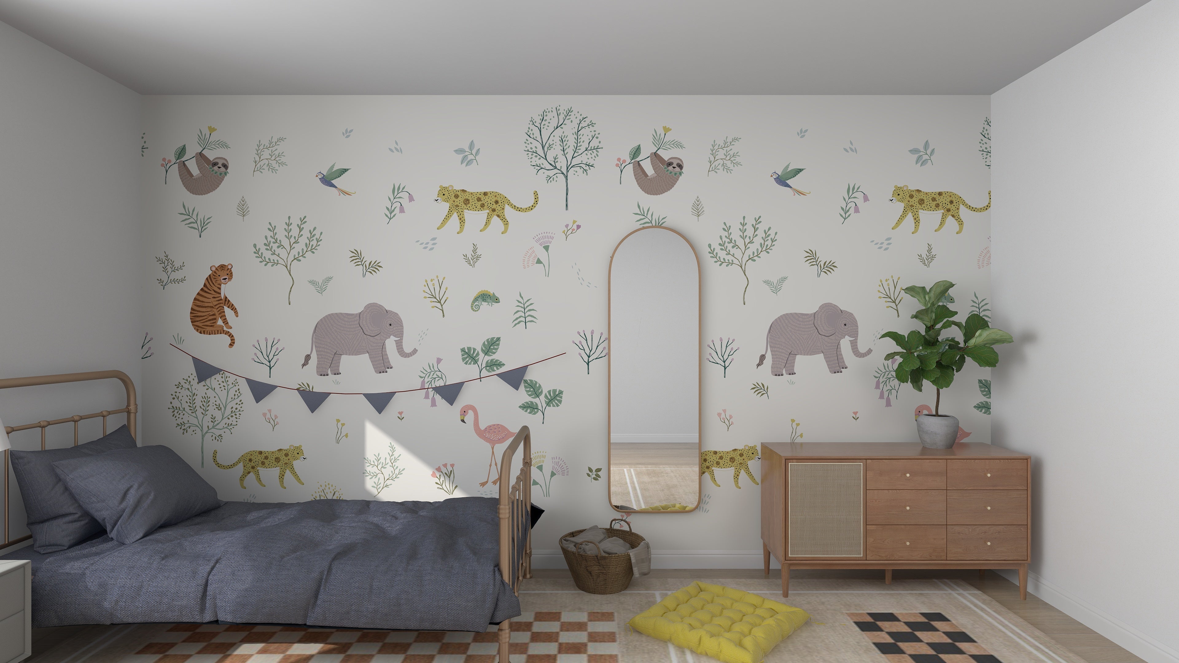 In a childrens bedroom, the munks and me Wild Wonders Wallpaper Mural showcases jungle-themed art with elephants, tigers, and birds. A single bed with dark bedding is on the left, while a wooden dresser and plant are on the right. A mirror hangs above a small yellow rug to complete this animal kingdom retreat.