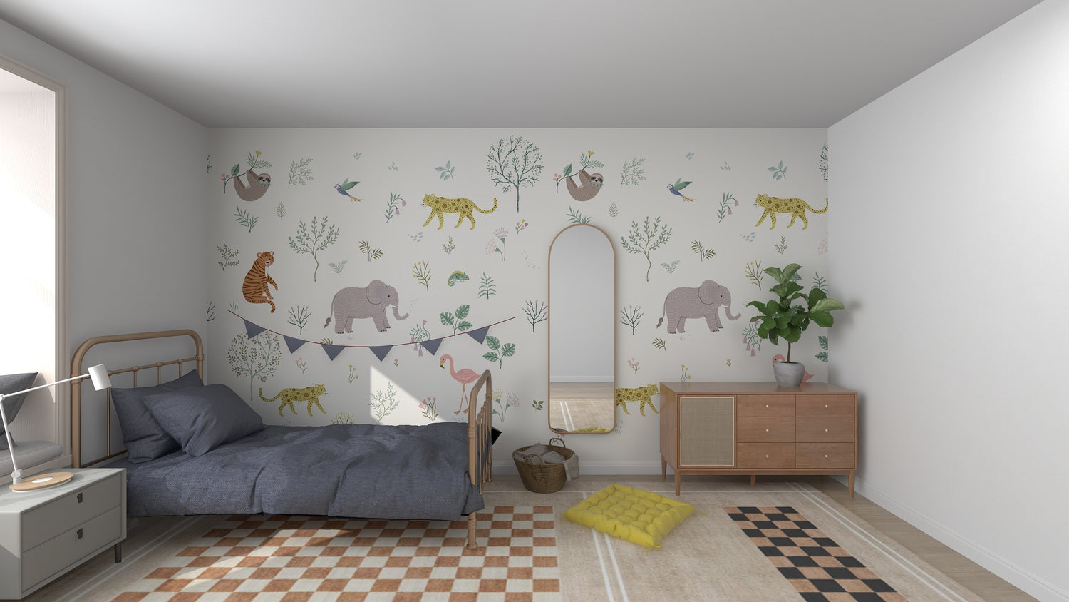 A childrens bedroom is adorned with the Wild Wonders Wallpaper Mural by munks and me, depicting elephants, tigers, and cheetahs. The room includes a single bed with dark bedding, a checkered rug, a wooden dresser topped with a potted plant, and a basket holding a yellow cushion on the floor.