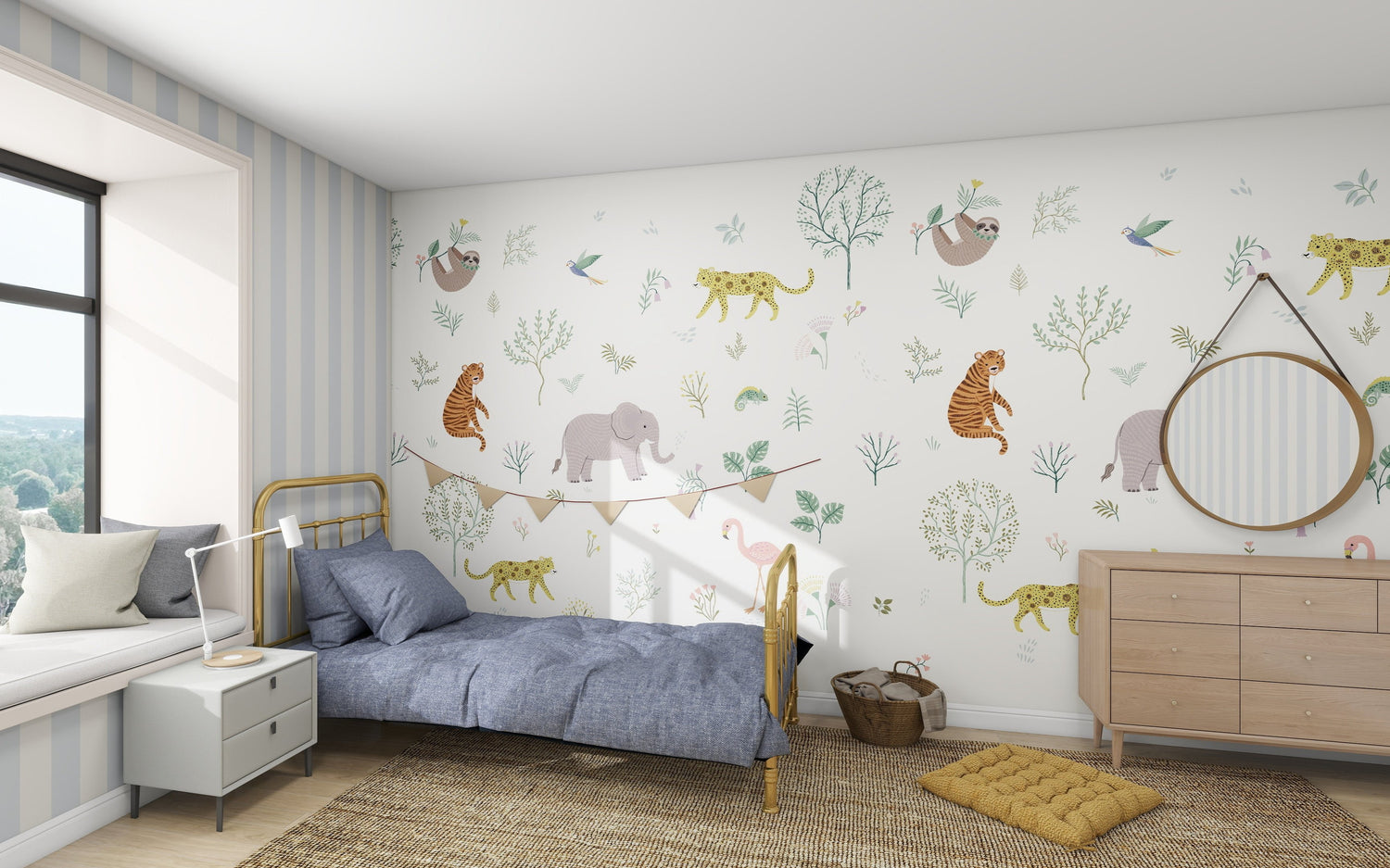 The childrens room features a jungle theme with the munks and me Wild Wonders Wallpaper Mural, showcasing tigers, elephants, sloths, and birds. It includes a cozy single bed with a blue blanket, a rug, window seat, dresser with round mirror, and light blue striped walls.