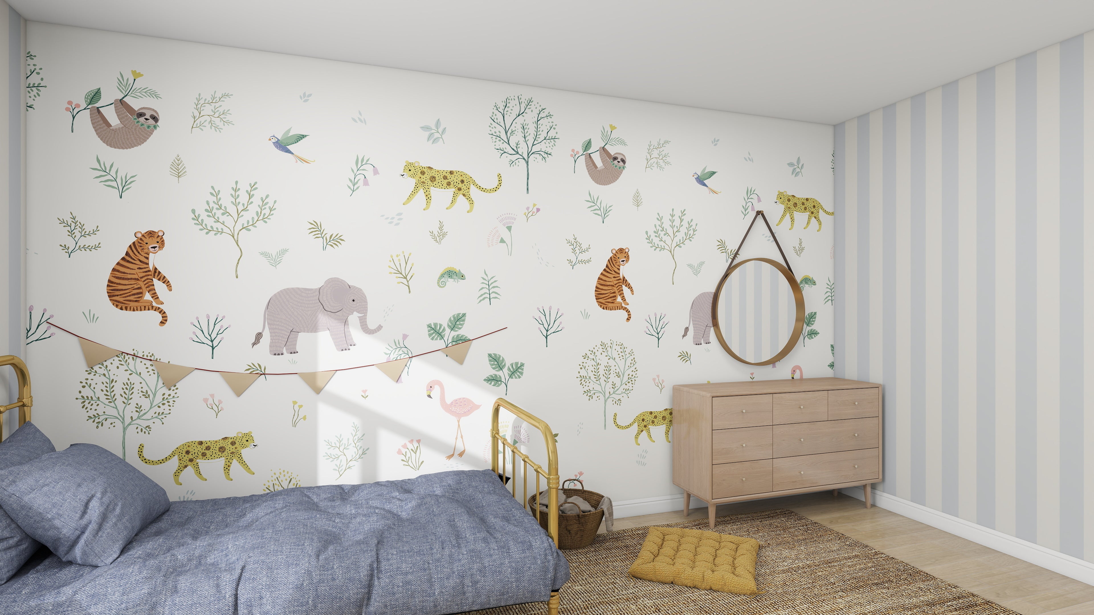 In the childrens bedroom, munks and mes Wild Wonders Wallpaper Mural displays elephants, tigers, and birds in a forest. On the left is a brass bed with blue bedding; on the right is a wooden dresser with a round mirror. The floor includes a woven cushion and small rug.