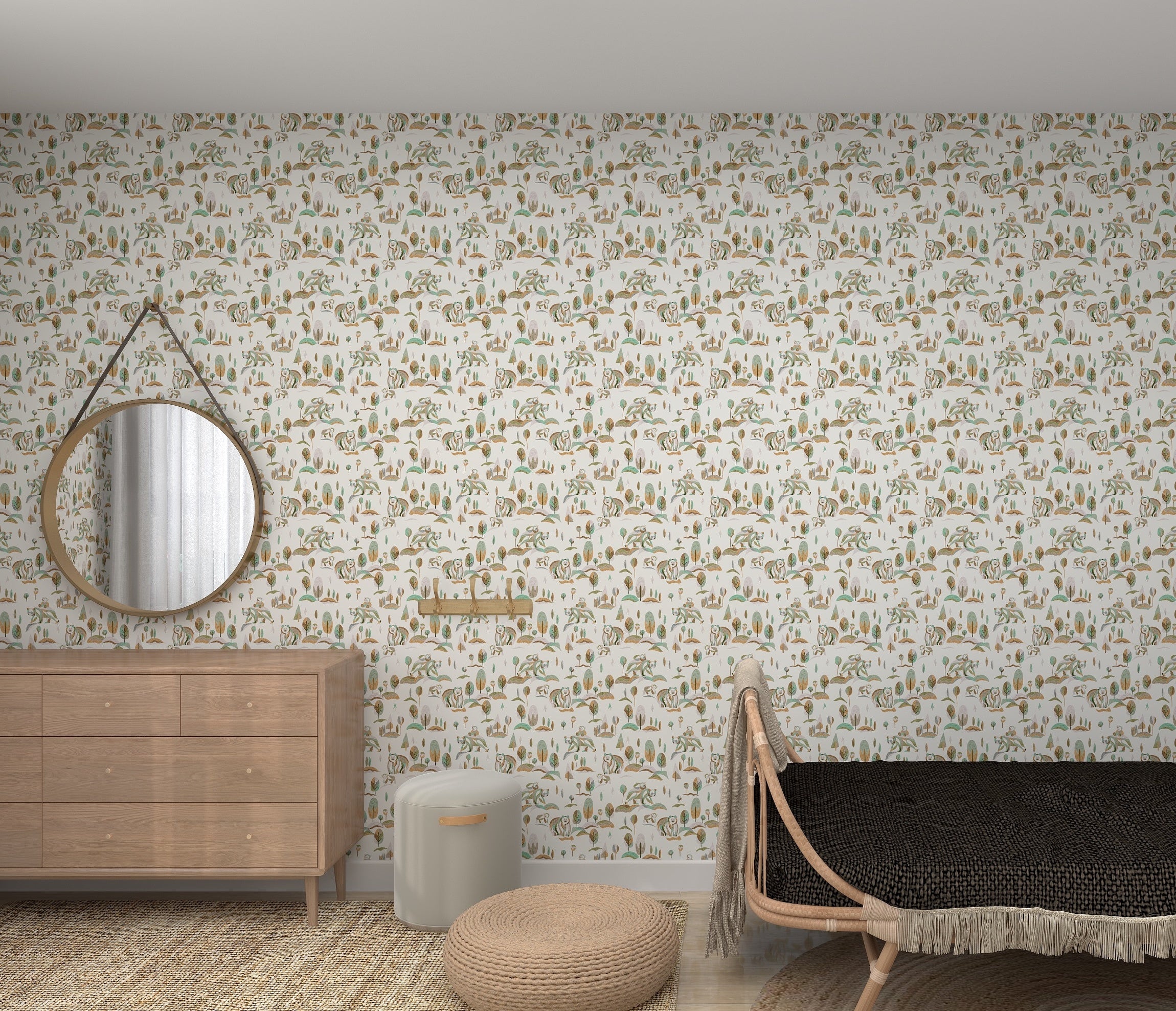 The bedroom boasts the Winter Bears Repeat Pattern wallpaper by munks and me, showcasing small cacti and plants. A wooden dresser with a round mirror is on the left, next to two cylindrical containers. A woven ottoman and black blanket complement the bed with a wooden frame, creating cozy decor.