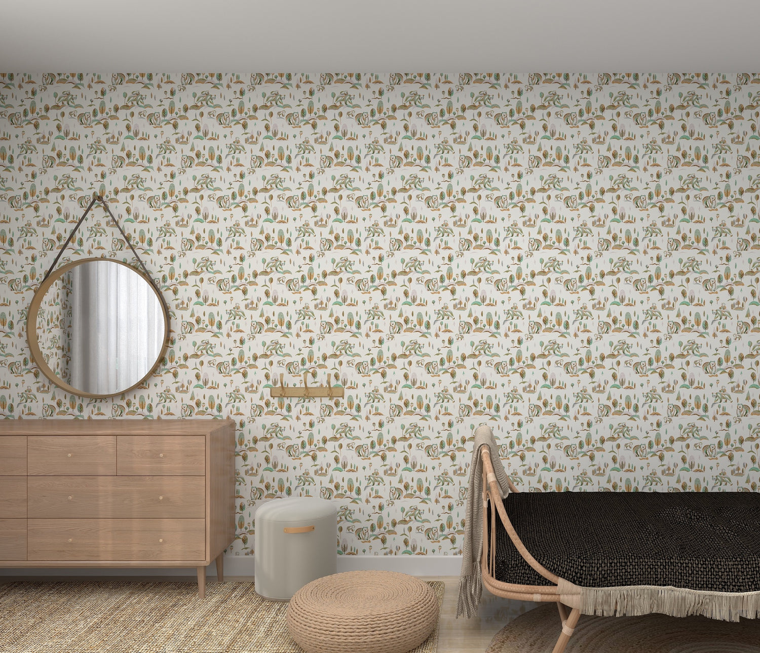 A bedroom showcases a wooden dresser, round mirror, and basket on the left. On the right is a black bed with a fringed edge. The wall features munks and mes Winter Bears Wallpaper Repeat Pattern. A small white table and pouf are positioned near the bed.
