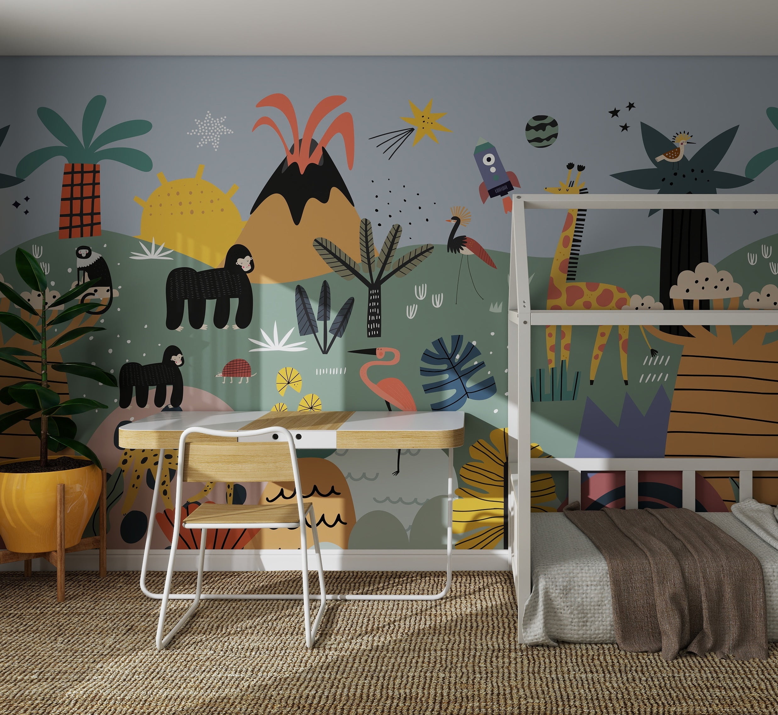 A children’s bedroom showcases the Wonderfriends Wallpaper Mural with cartoon animals, trees, a volcano, and stars. A white bunk bed, wooden desk, chair, and potted plant complete this playful space.