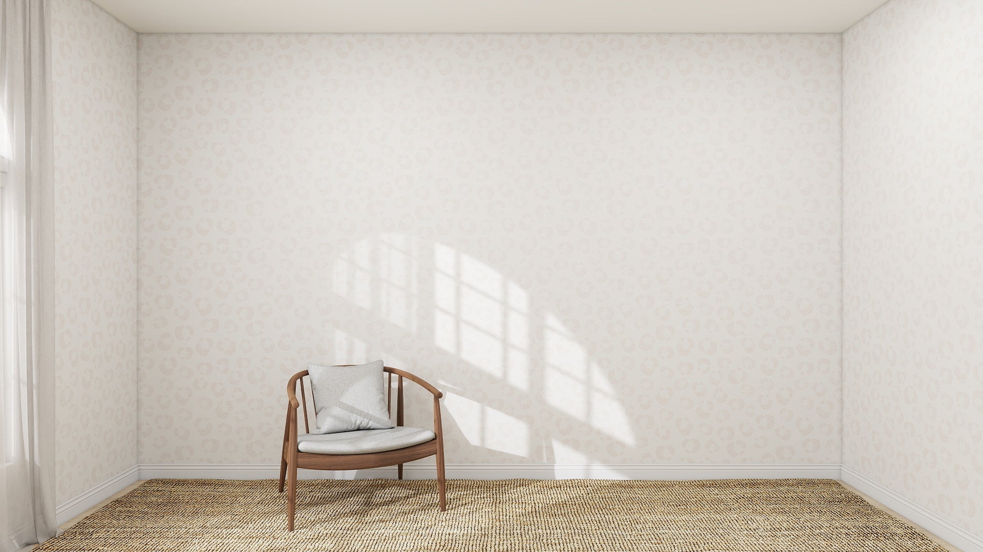 A wooden chair with a cushion sits on a woven rug in a bright, empty room featuring Hallie Leopard Print Wallpaper Repeat Pattern in light pink. Sunlight streams through the window, casting shadows on the wall.