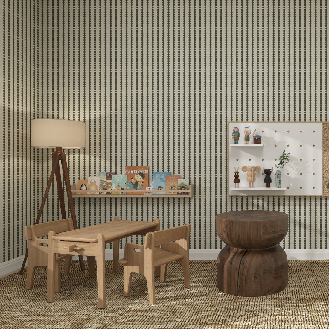 A cozy children’s playroom with light wooden furniture, small table and chairs, tripod lamp, books on a wall shelf, and a calming atmosphere enhanced by nursery decor and Little Abacus Stripe Forest bold vertical stripe walls.